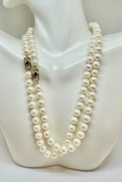 2 Art Deco Pearl Necklaces Sapphire Diamond 14 Karat Gold Clasp 7mm Antique