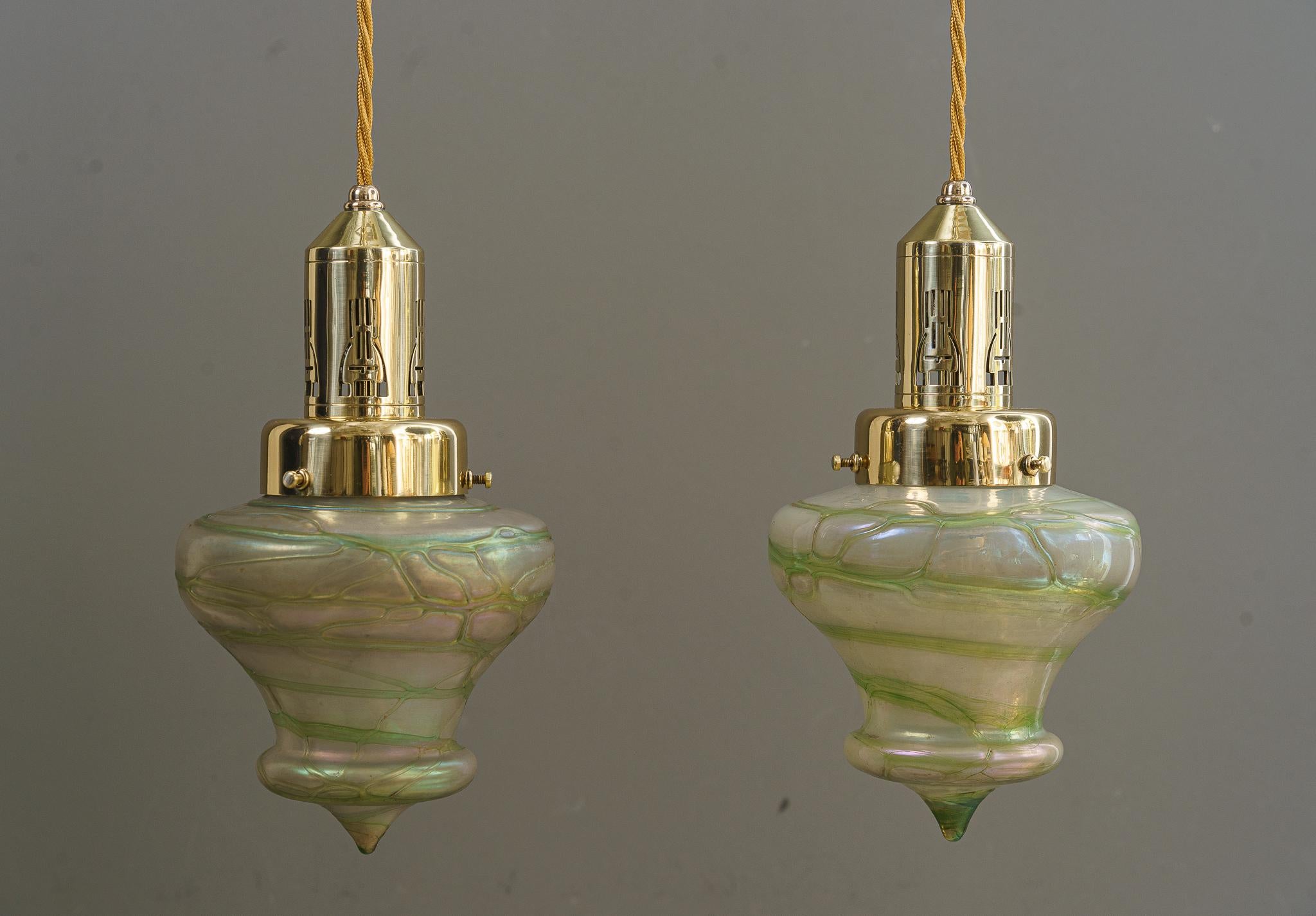 Art Deco 2 art deco pendant with palme koenig glass shades vienna around 1920s For Sale