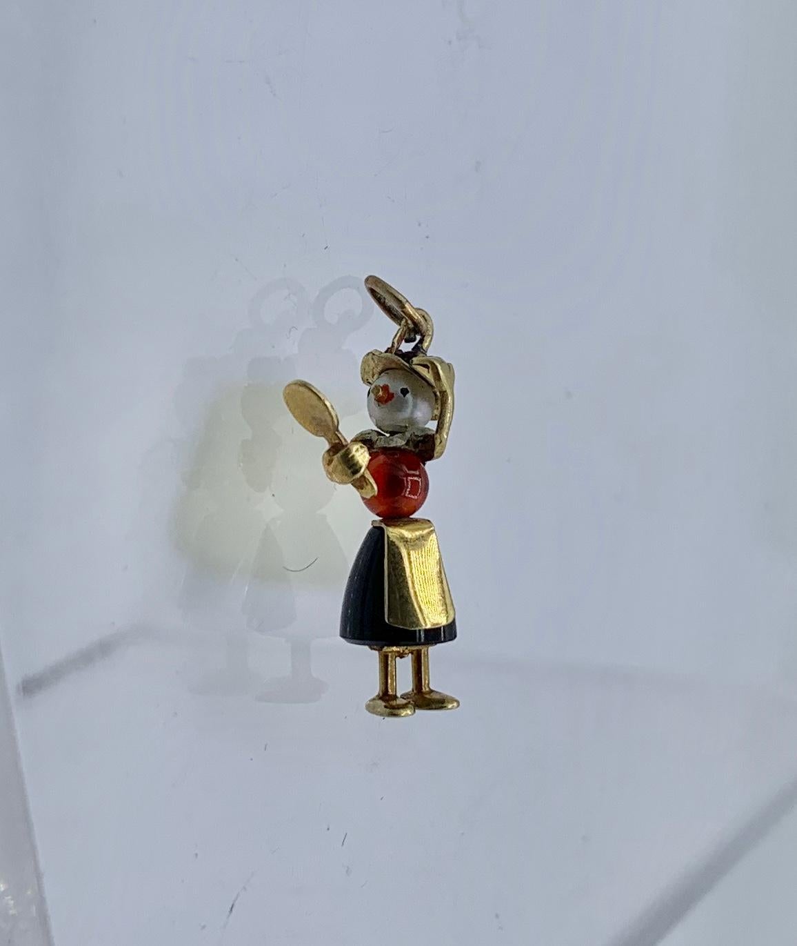 2 Art Deco Pendants Charms Lady and Bellhop Coral Pearl Enamel 14K Gold Antique In Good Condition In New York, NY