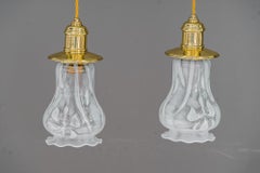 2 Art Deco Pendants Vienna Around 1920s with Opaline Glass Shades