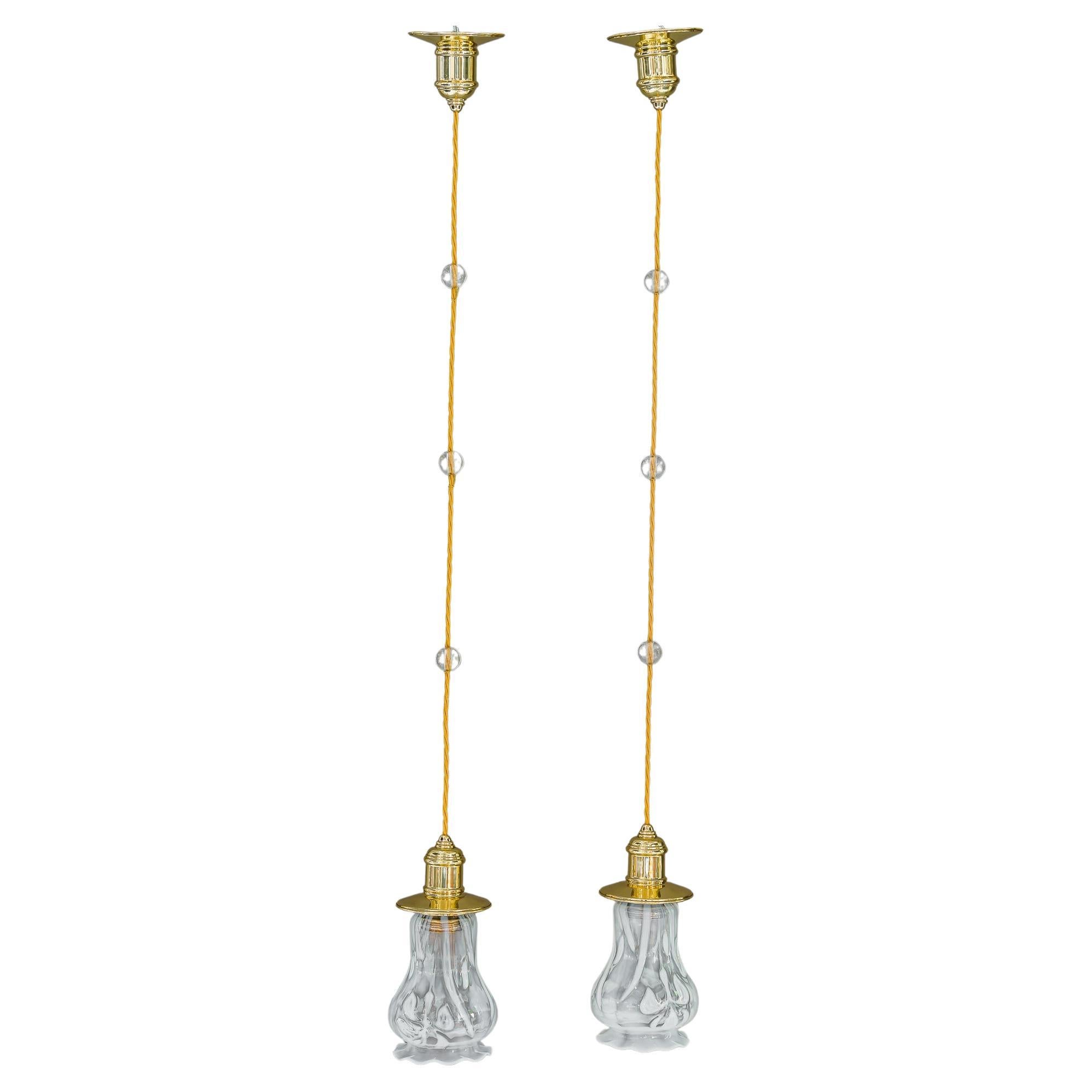 2 Art Deco Pendants Vienna Around 1920s with Opaline Glass Shades For Sale