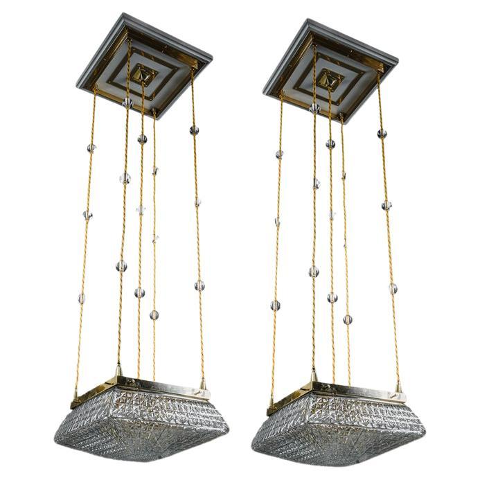 2 Art Deco Pendants with cut glass shades vienna around 1920s