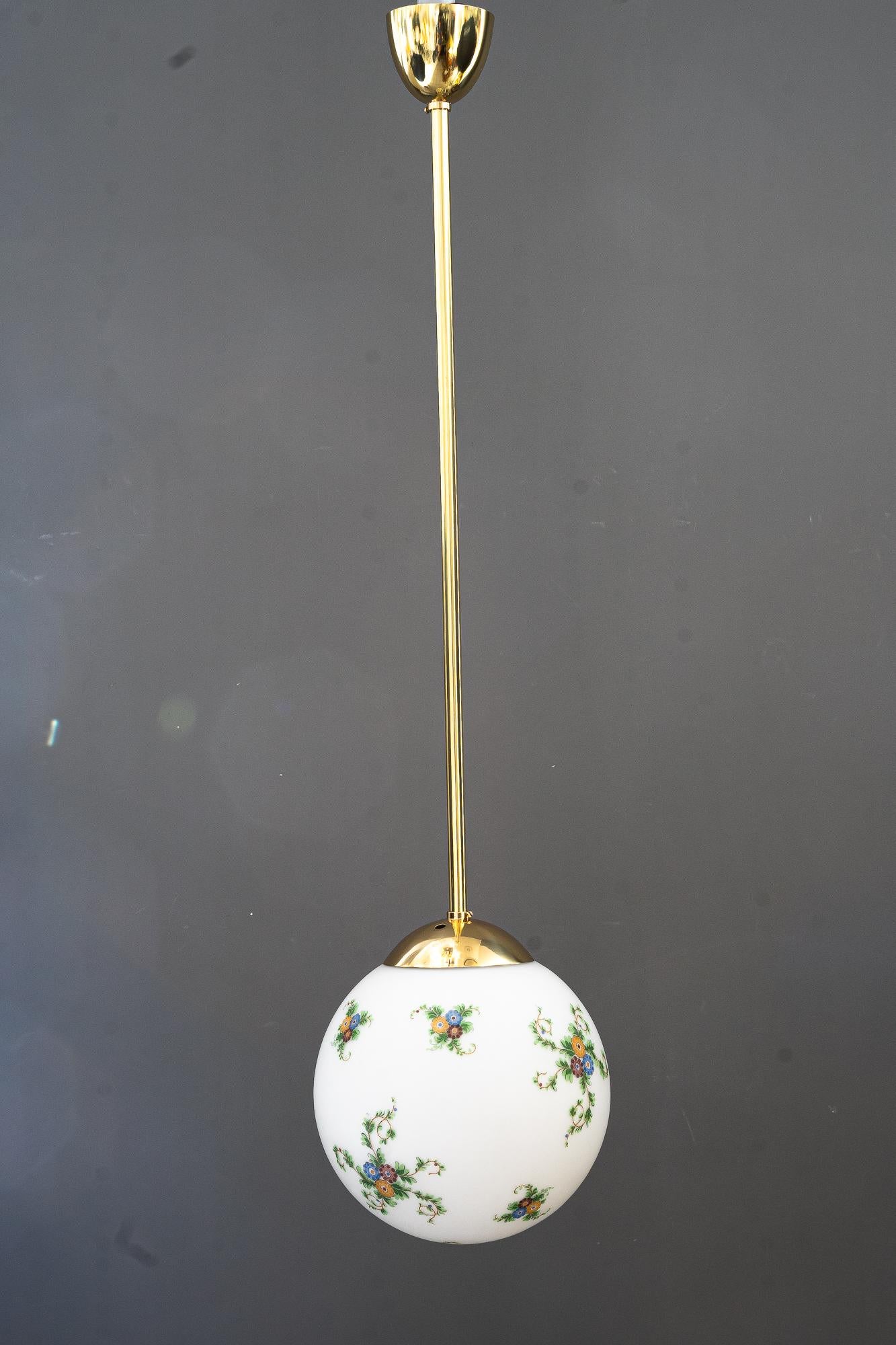 Lacquered 2 Art Deco pendants with hand painted glass vienna around 1920s For Sale