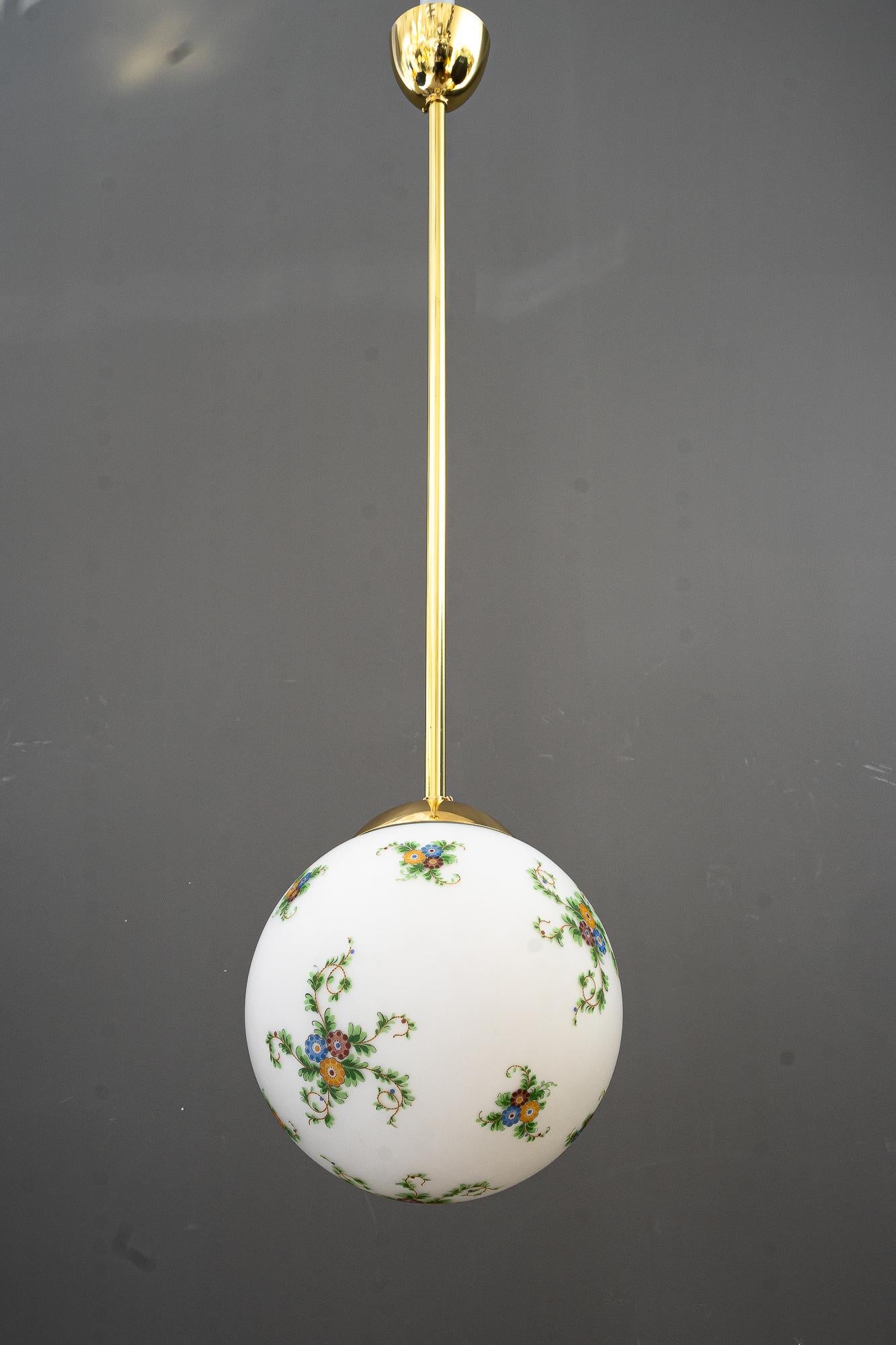 Brass 2 Art Deco pendants with hand painted glass vienna around 1920s For Sale