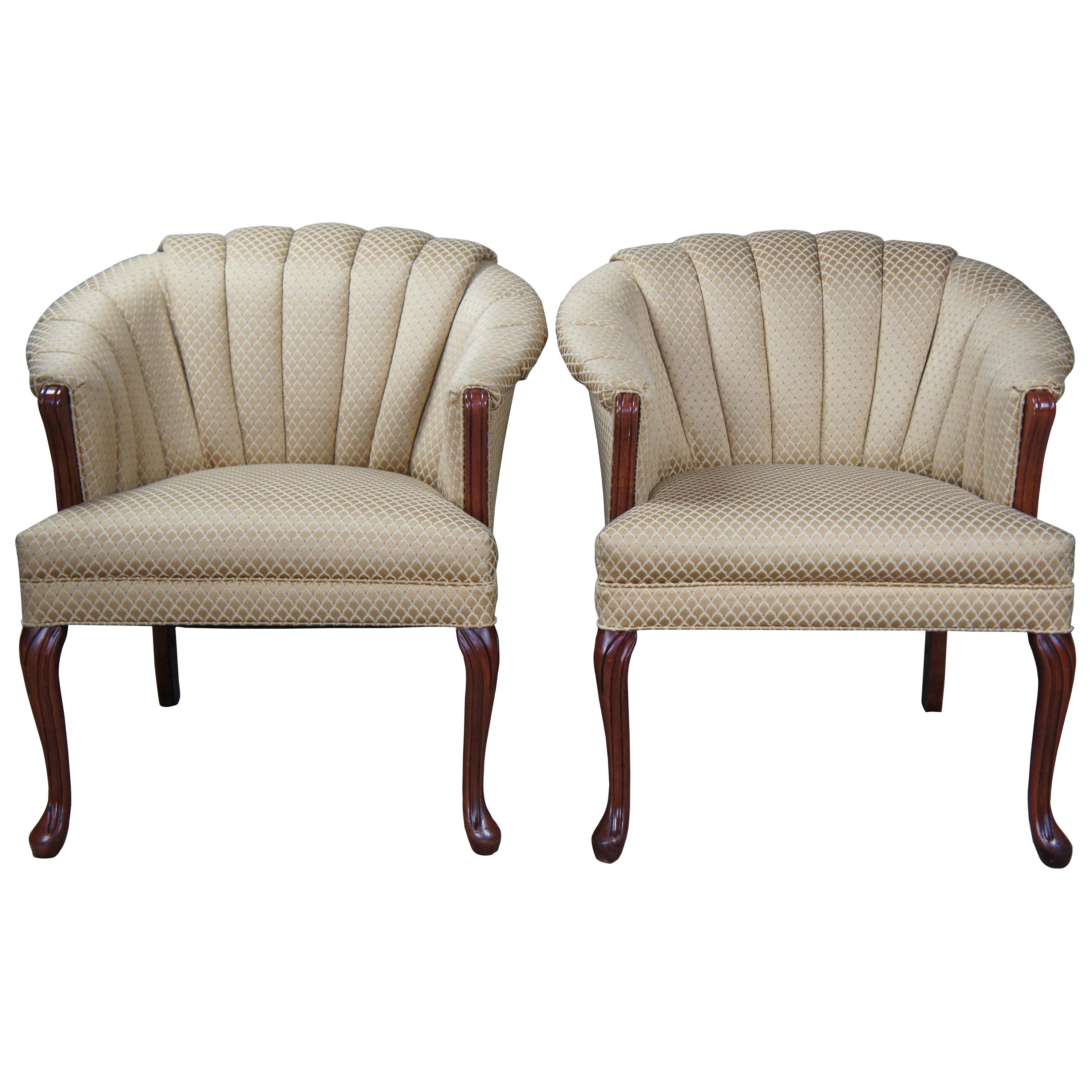2 Art Deco Style Channel Back Club Arm Accent Queen Anne Barrel Chairs