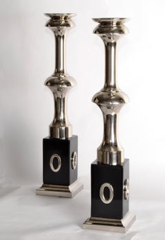 2 Art Deco Style Heavy Votive Polished Nickel Black Decorate Base Candle Holder