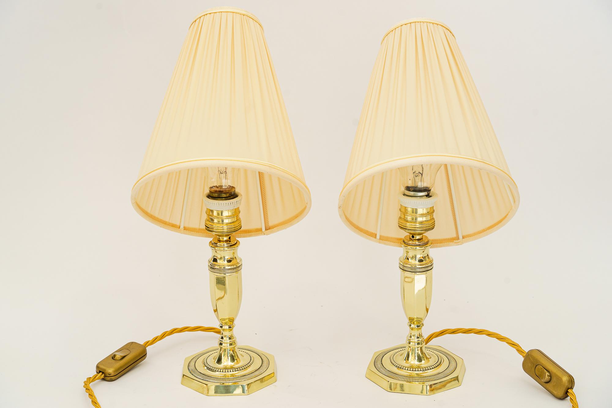 Polished 2 Art Deco table lamps with fabric shades vienna around 1920s For Sale