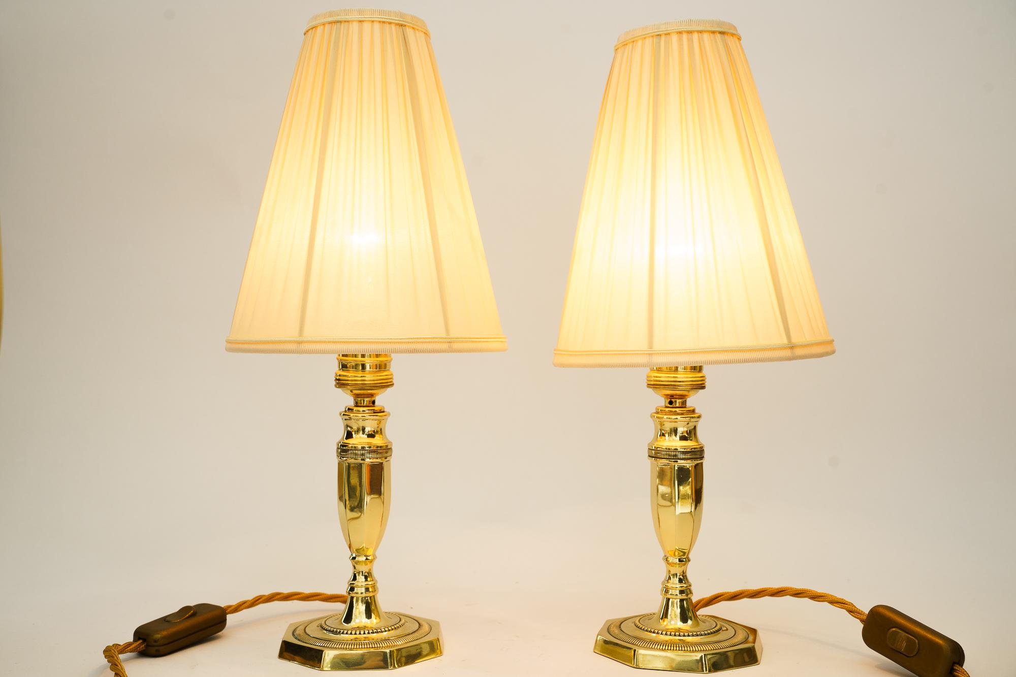 Brass 2 Art Deco table lamps with fabric shades vienna around 1920s For Sale