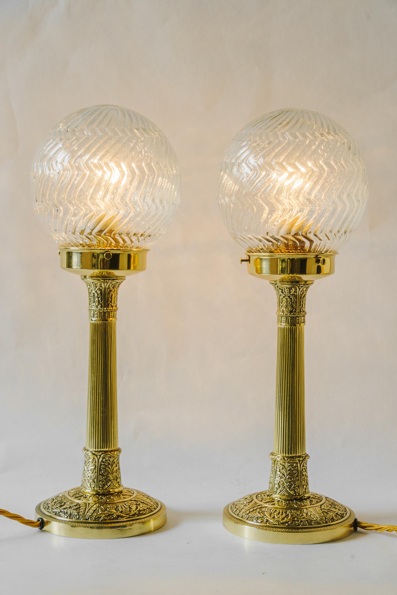 Brass 2 Art Deco Table lamps with glass shades vienna around 1920s For Sale