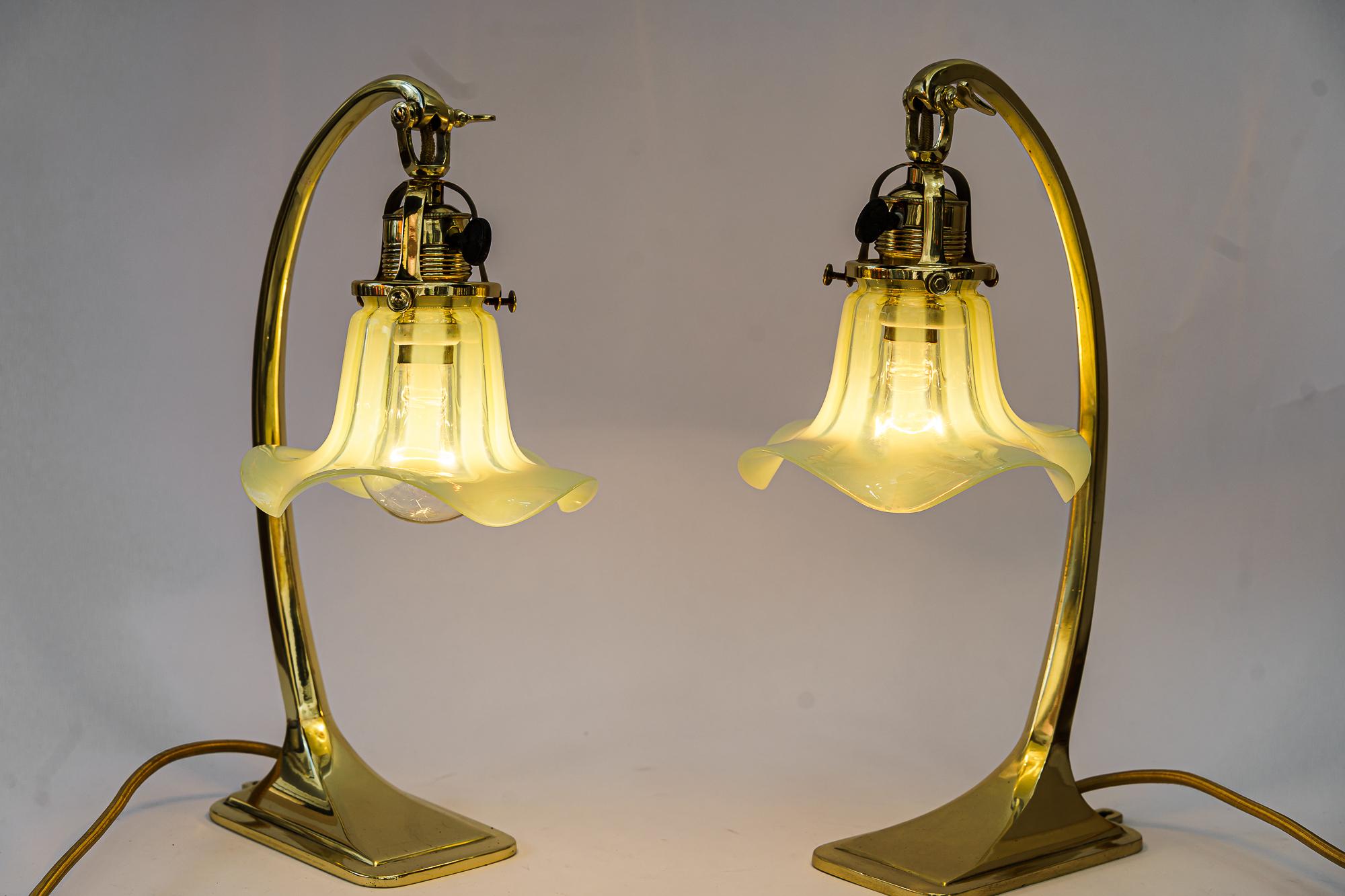 2 Art Deco Table Lamps with Opaline Glass Shades Vienna Around, 1920s 7