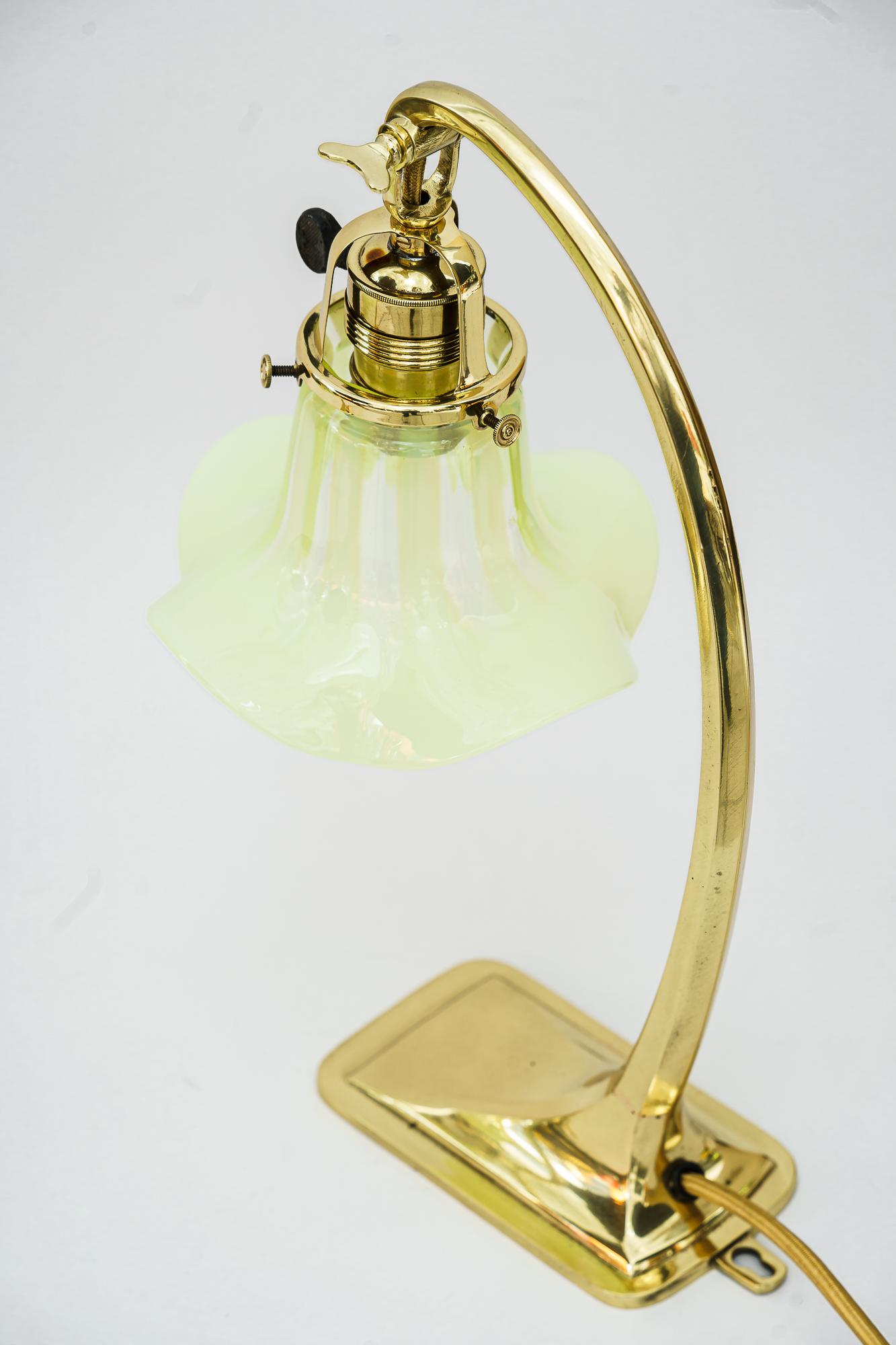 Brass 2 Art Deco Table Lamps with Opaline Glass Shades Vienna Around, 1920s