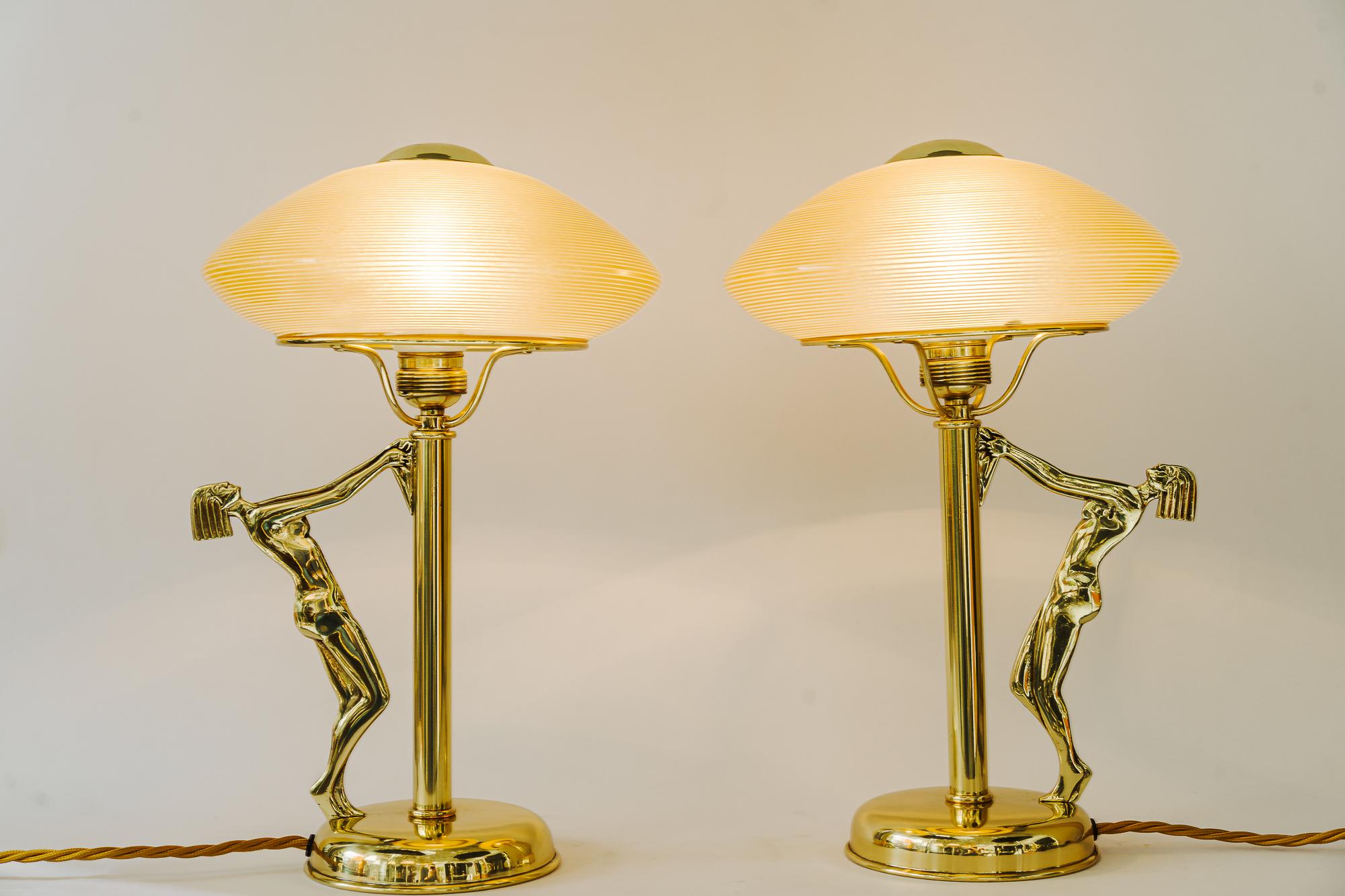 Brass 2 Art Deco Table Lamps with Original Glass Shades, circa 1920s, France For Sale