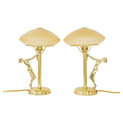 2 Art Deco Table Lamps with Original Glass Shades, circa 1920s, France