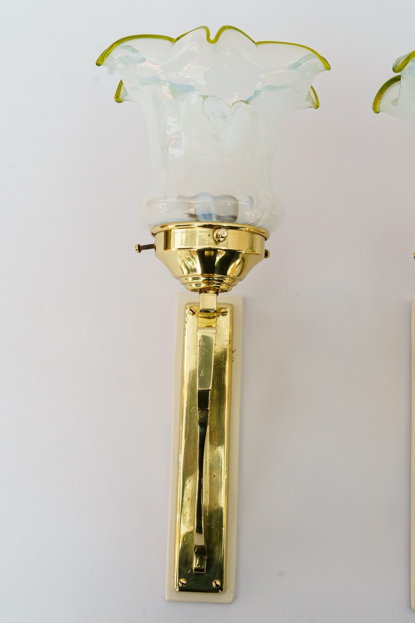 Austrian 2 Art Deco Wall Lamps with Original Opaline Glass Shades Vienna Around 1920s For Sale