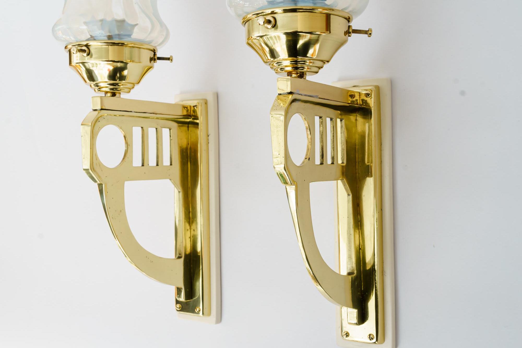 Polished 2 Art Deco Wall Lamps with Original Opaline Glass Shades Vienna Around 1920s For Sale
