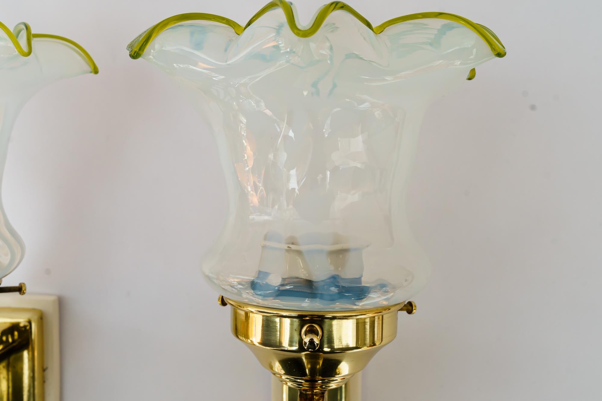 2 Art Deco Wall Lamps with Original Opaline Glass Shades Vienna Around 1920s In Good Condition For Sale In Wien, AT