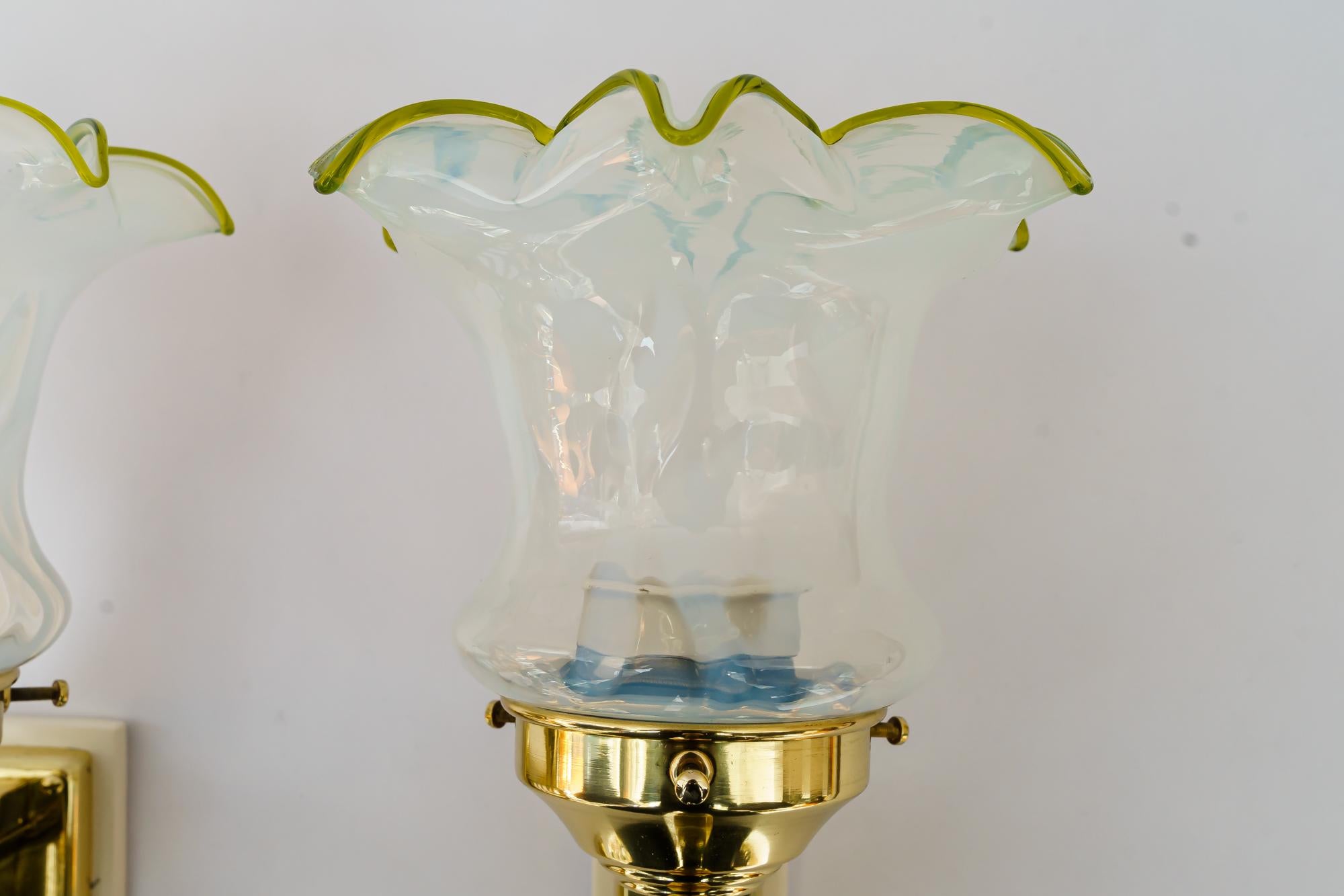 Early 20th Century 2 Art Deco Wall Lamps with Original Opaline Glass Shades Vienna Around 1920s For Sale