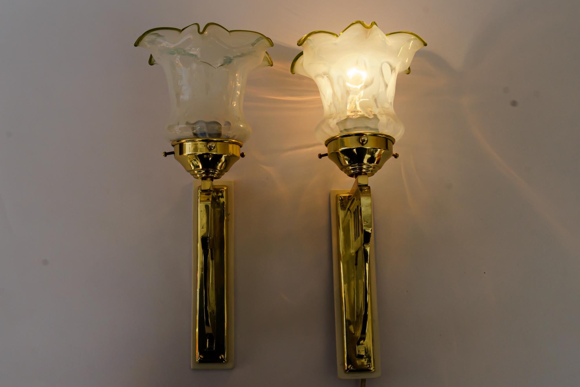 Brass 2 Art Deco Wall Lamps with Original Opaline Glass Shades Vienna Around 1920s For Sale