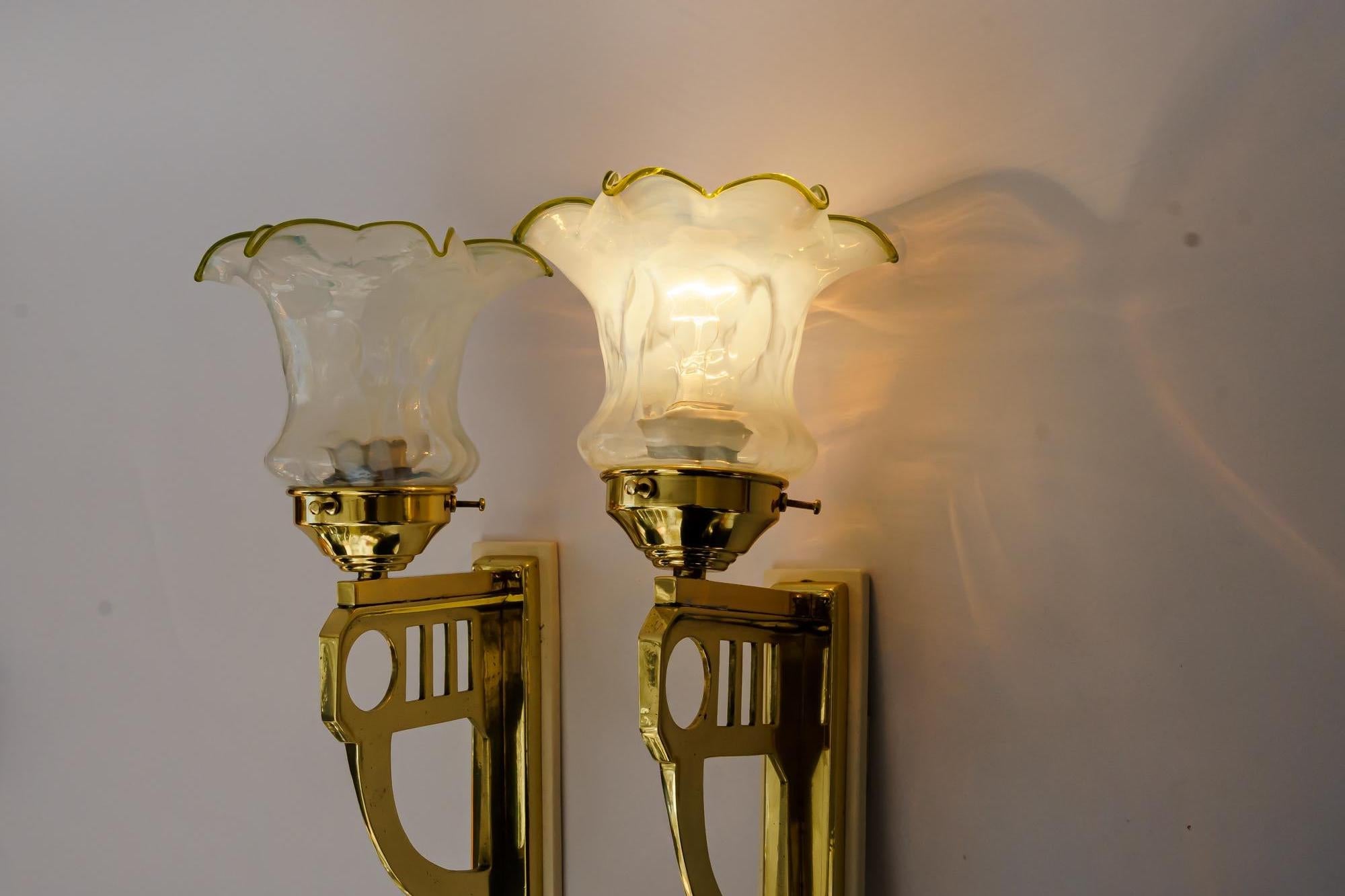 2 Art Deco Wall Lamps with Original Opaline Glass Shades Vienna Around 1920s For Sale 1