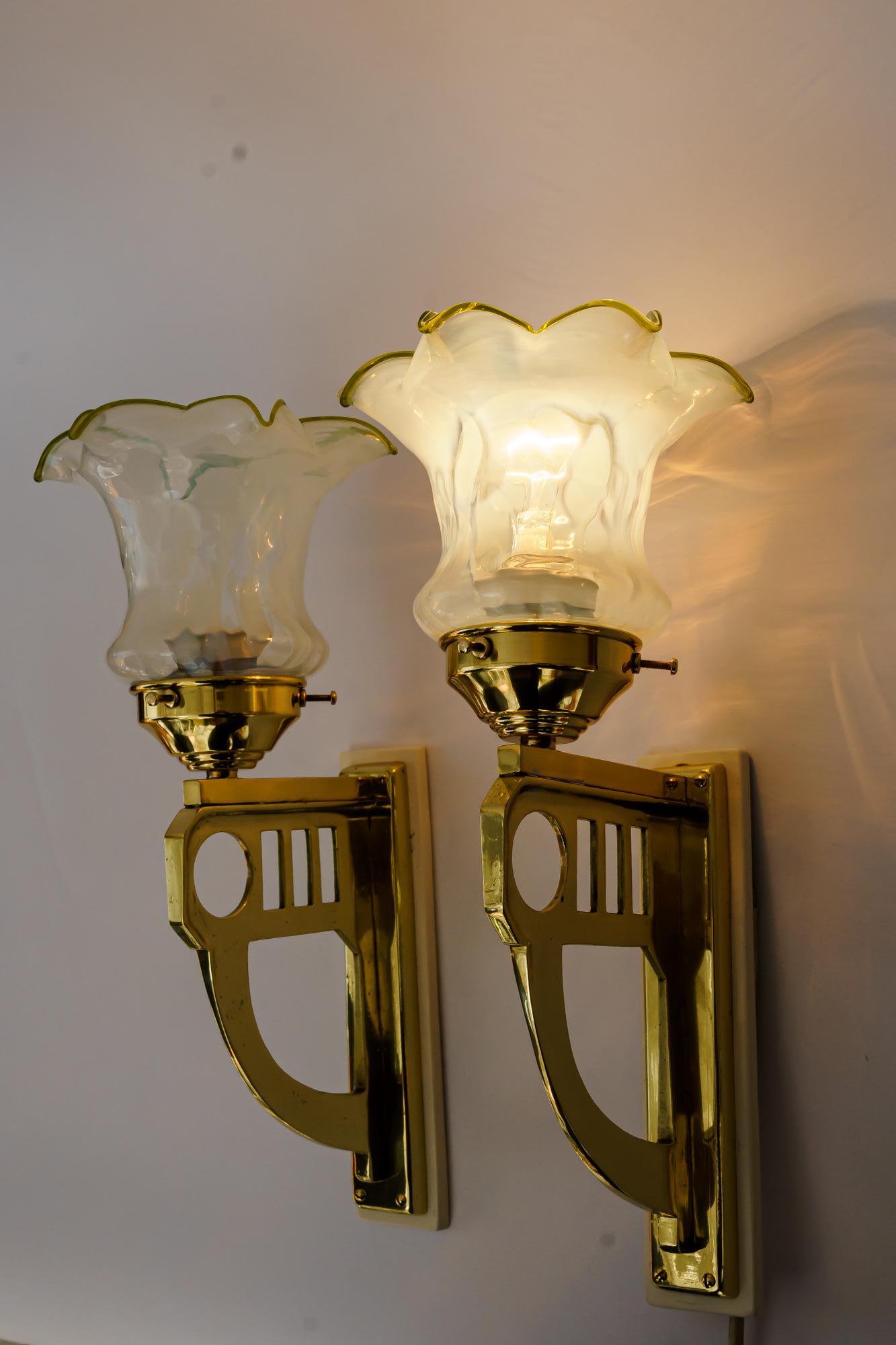 2 Art Deco Wall Lamps with Original Opaline Glass Shades Vienna Around 1920s For Sale 2
