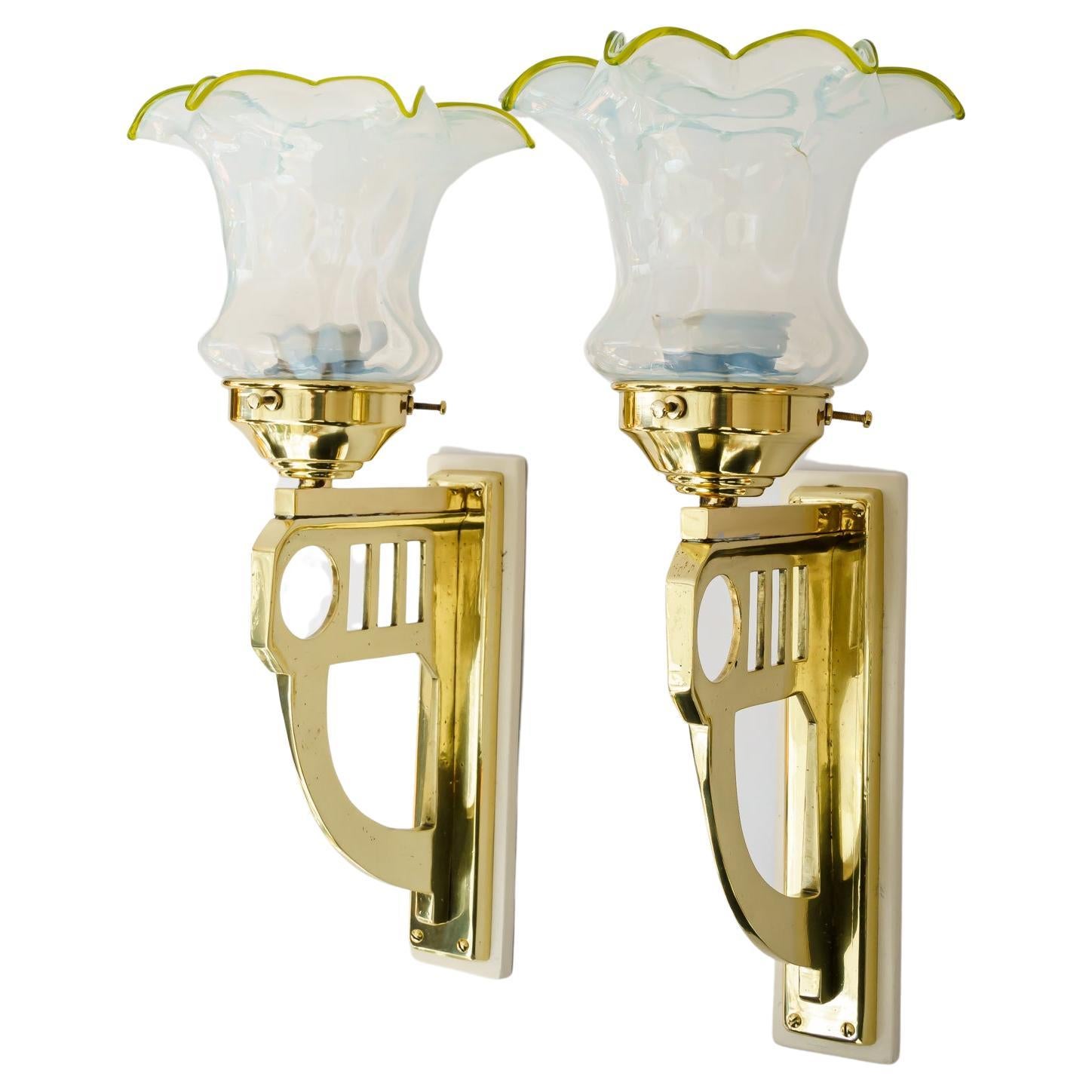 2 Art Deco Wall Lamps with Original Opaline Glass Shades Vienna Around 1920s For Sale