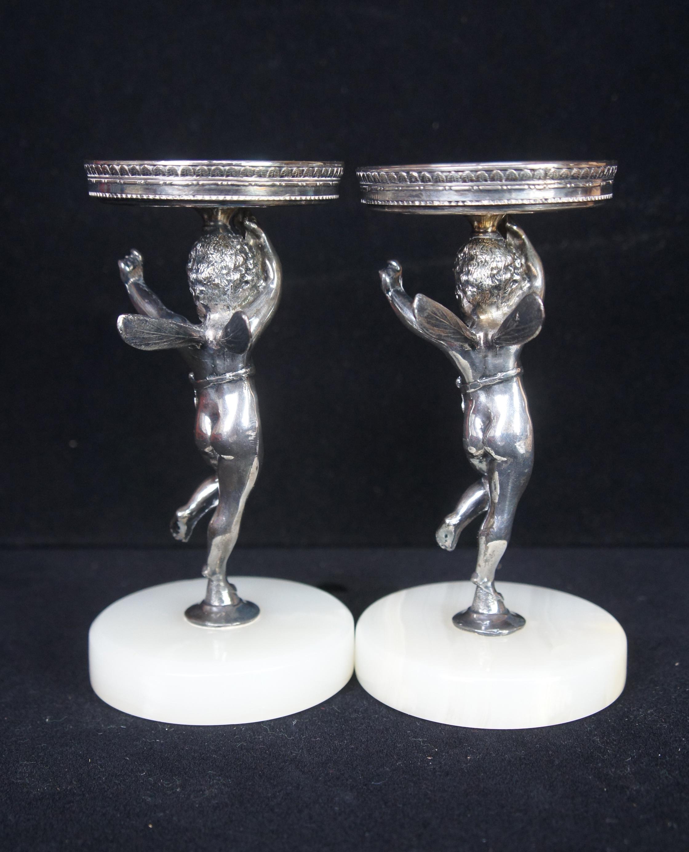 2 Art Nouveau Figural Fairy Cherub Silver Plated Marble Glass Candy Compotes 2