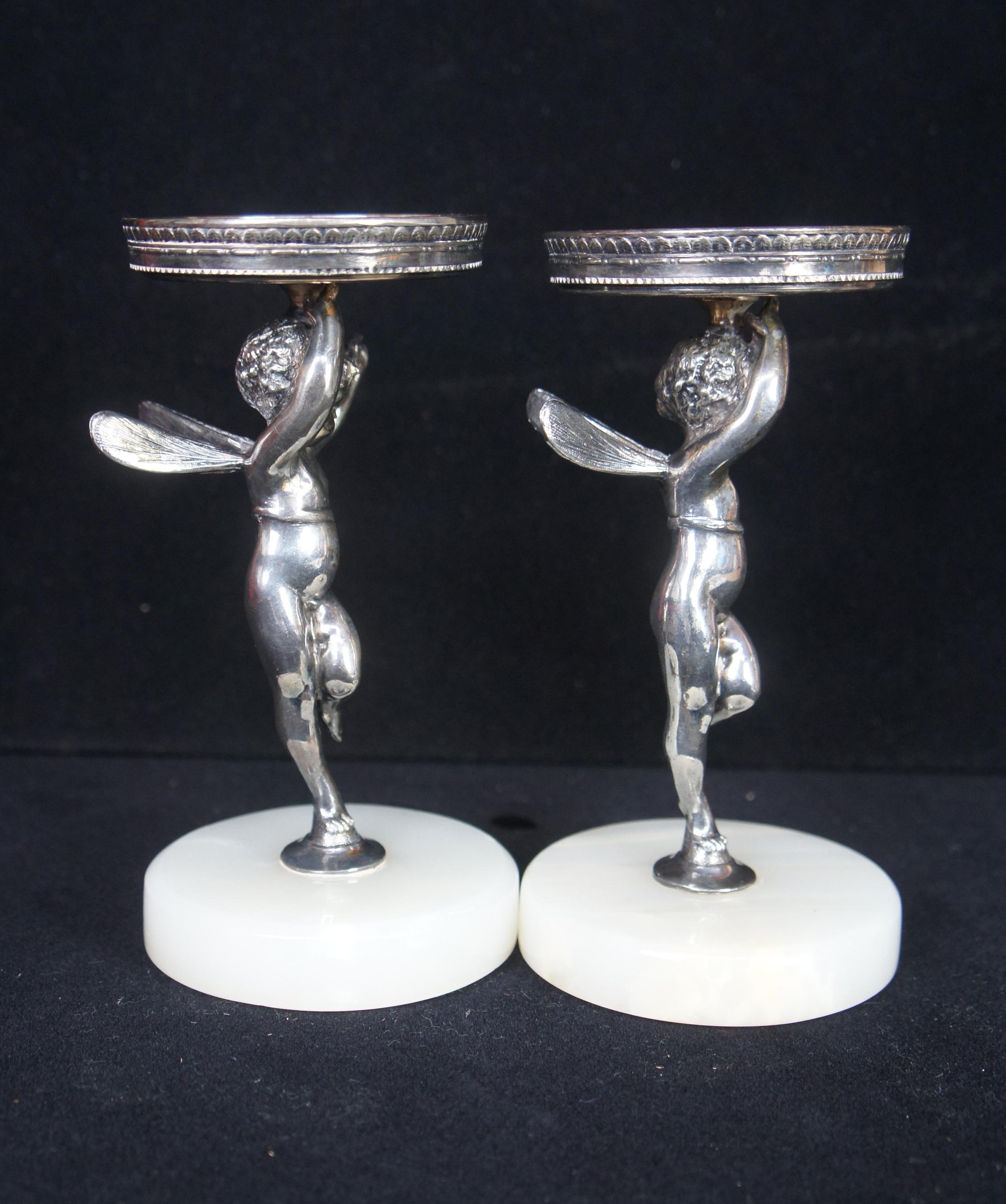 2 Art Nouveau Figural Fairy Cherub Silver Plated Marble Glass Candy Compotes 3
