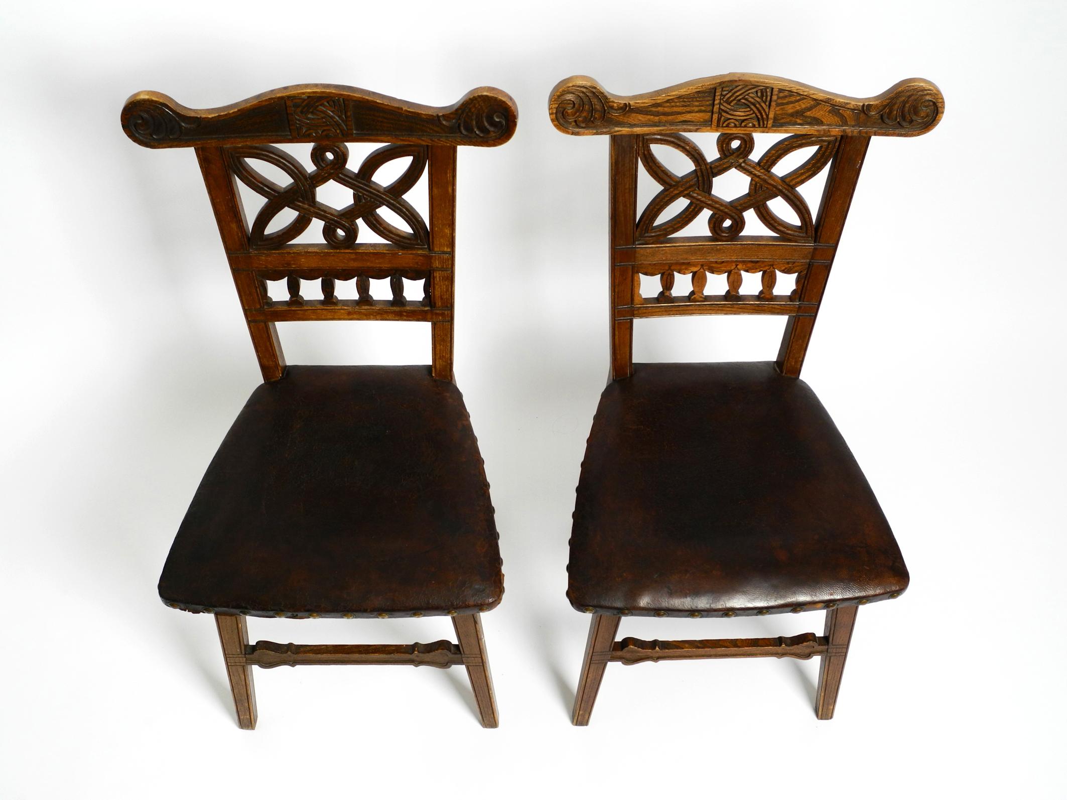 French 2 Art Nouveau Oak Chairs Still with the Original Leather Seats from Around 1900 For Sale