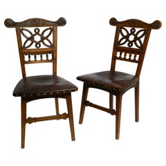 Antique 2 Art Nouveau Oak Chairs Still with the Original Leather Seats from Around 1900