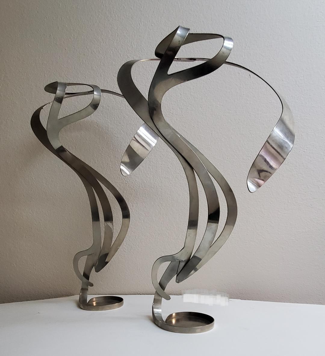 Stainless Steel 2 Art Nouveau Styled Candle Holders Crafted Into Swirling Twirling Metal Smoke  For Sale