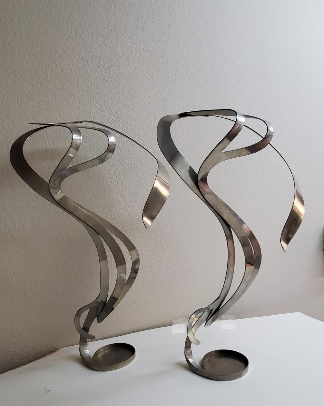 2 Art Nouveau Styled Candle Holders Crafted Into Swirling Twirling Metal Smoke  For Sale 3
