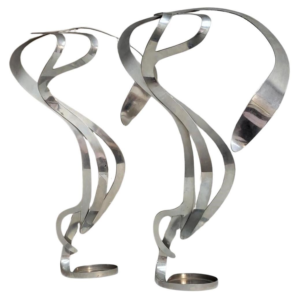2 Art Nouveau Styled Candle Holders Crafted Into Swirling Twirling Metal Smoke  For Sale