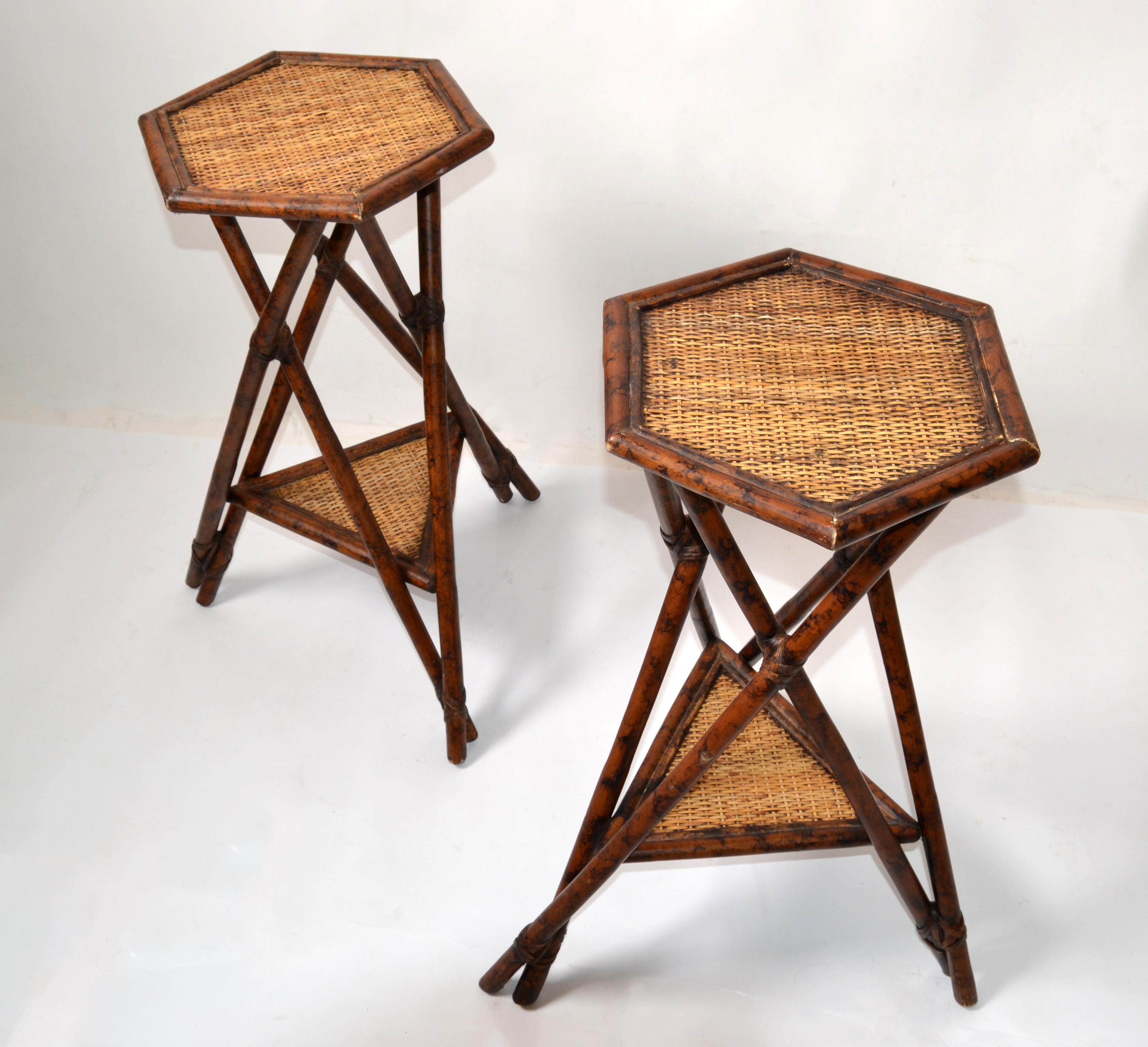 Hand-Crafted 2 Asian Modern Octagonal Wicker Rattan Drink, Side Table Pedestal Bohemian Chic