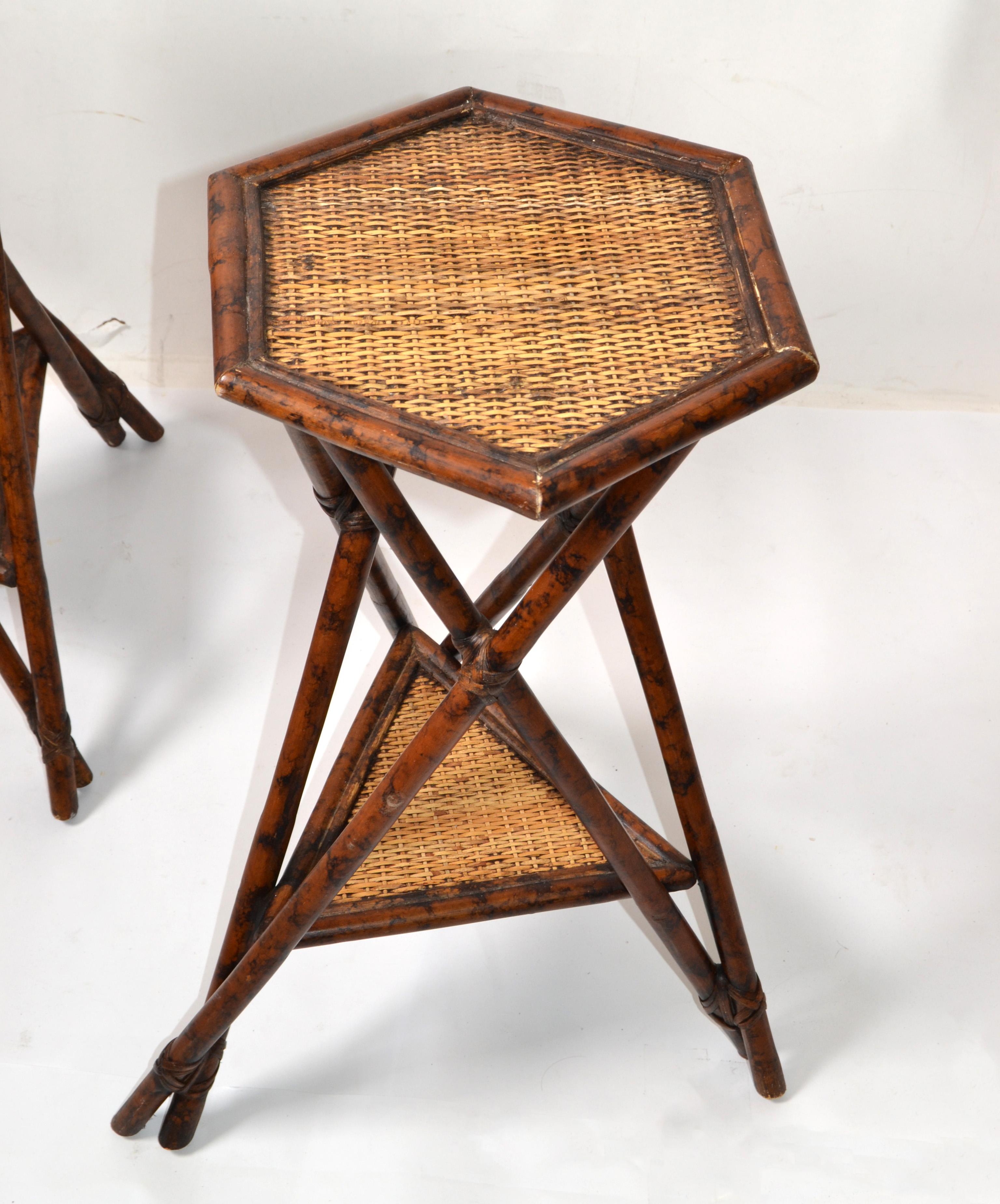 2 Asian Modern Octagonal Wicker Rattan Drink, Side Table Pedestal Bohemian Chic In Good Condition In Miami, FL