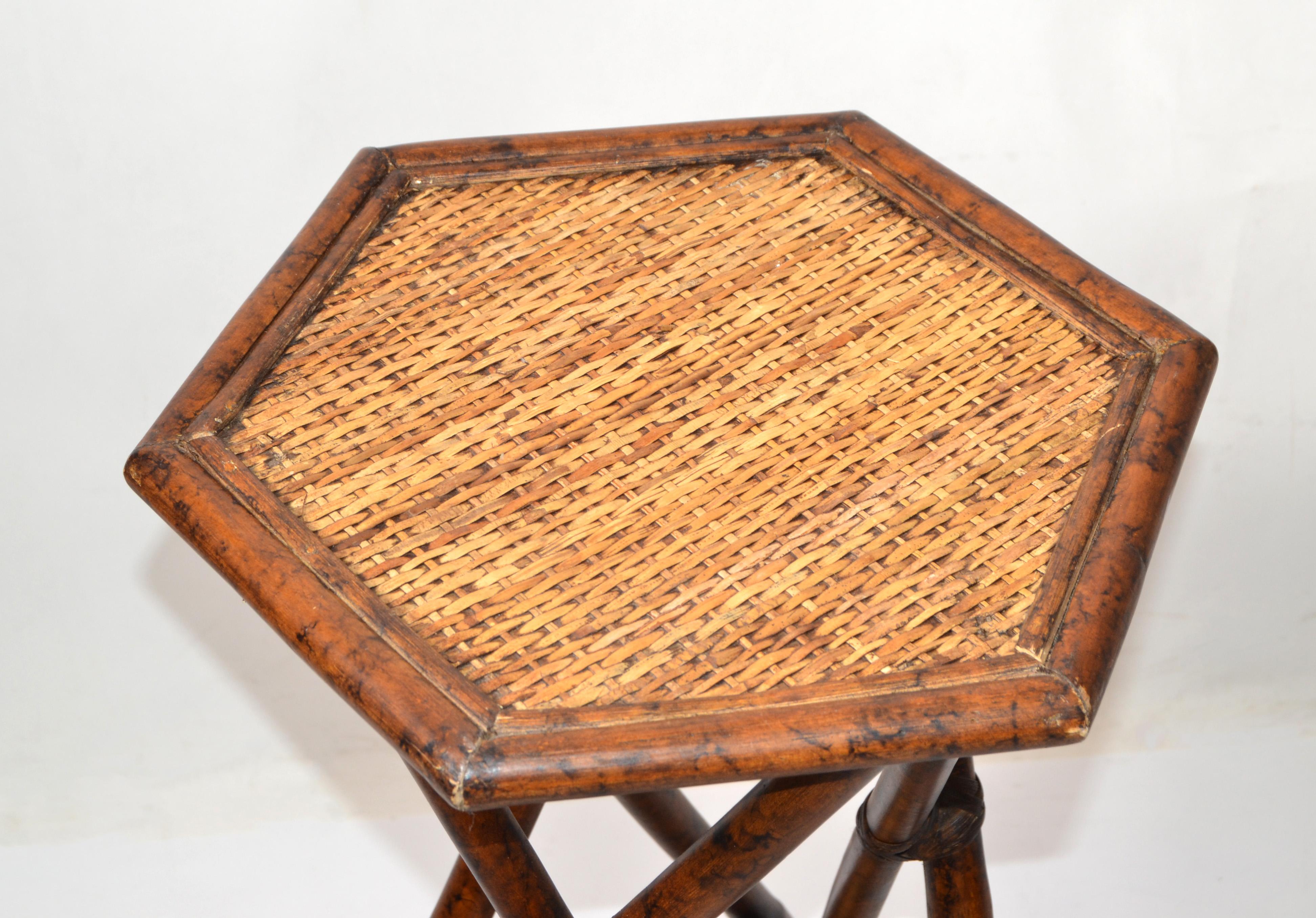 Bamboo 2 Asian Modern Octagonal Wicker Rattan Drink, Side Table Pedestal Bohemian Chic