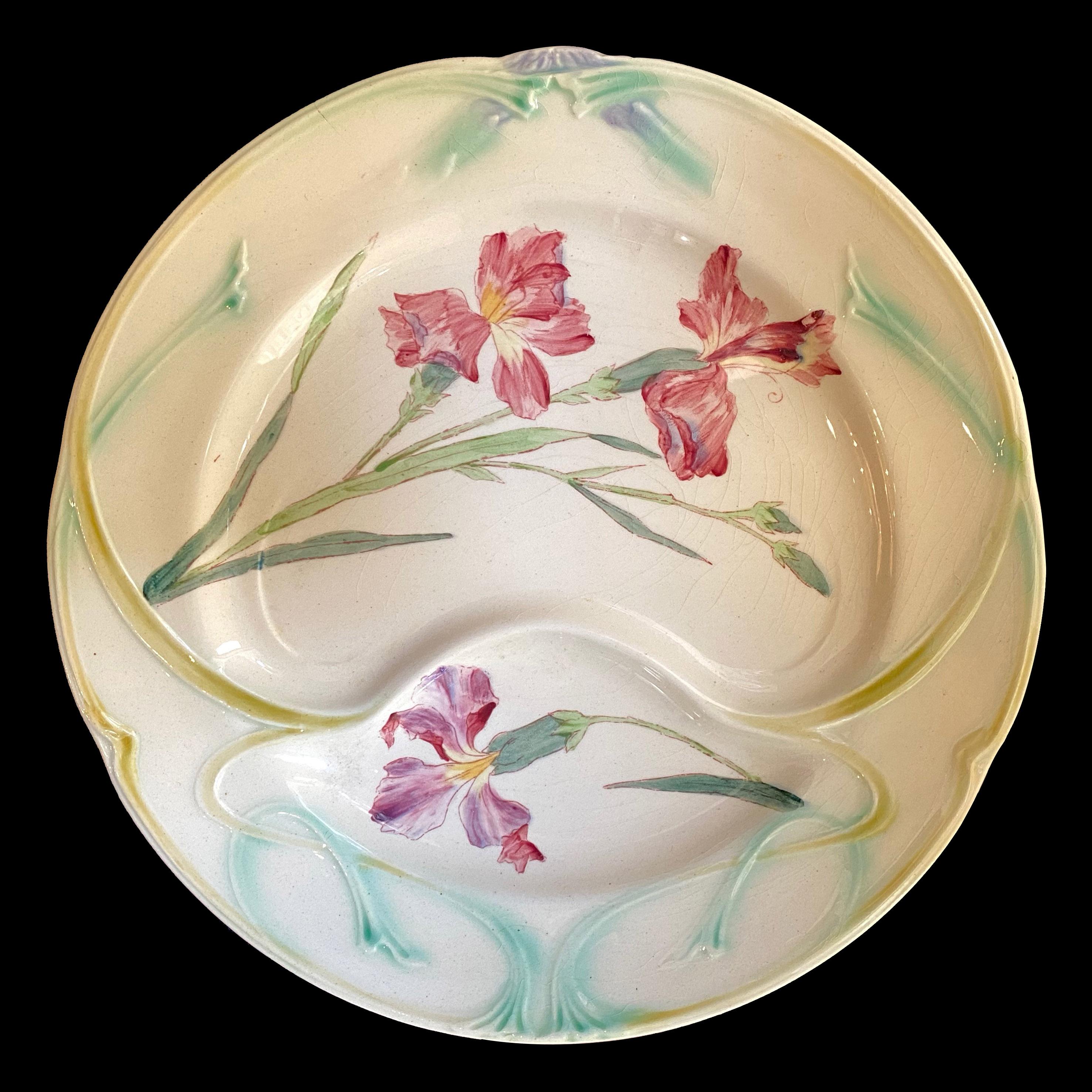 Hand-Painted 2 Asparagus Art Nouveau Plates with Iris Hand Painted, French Barbotine 19th