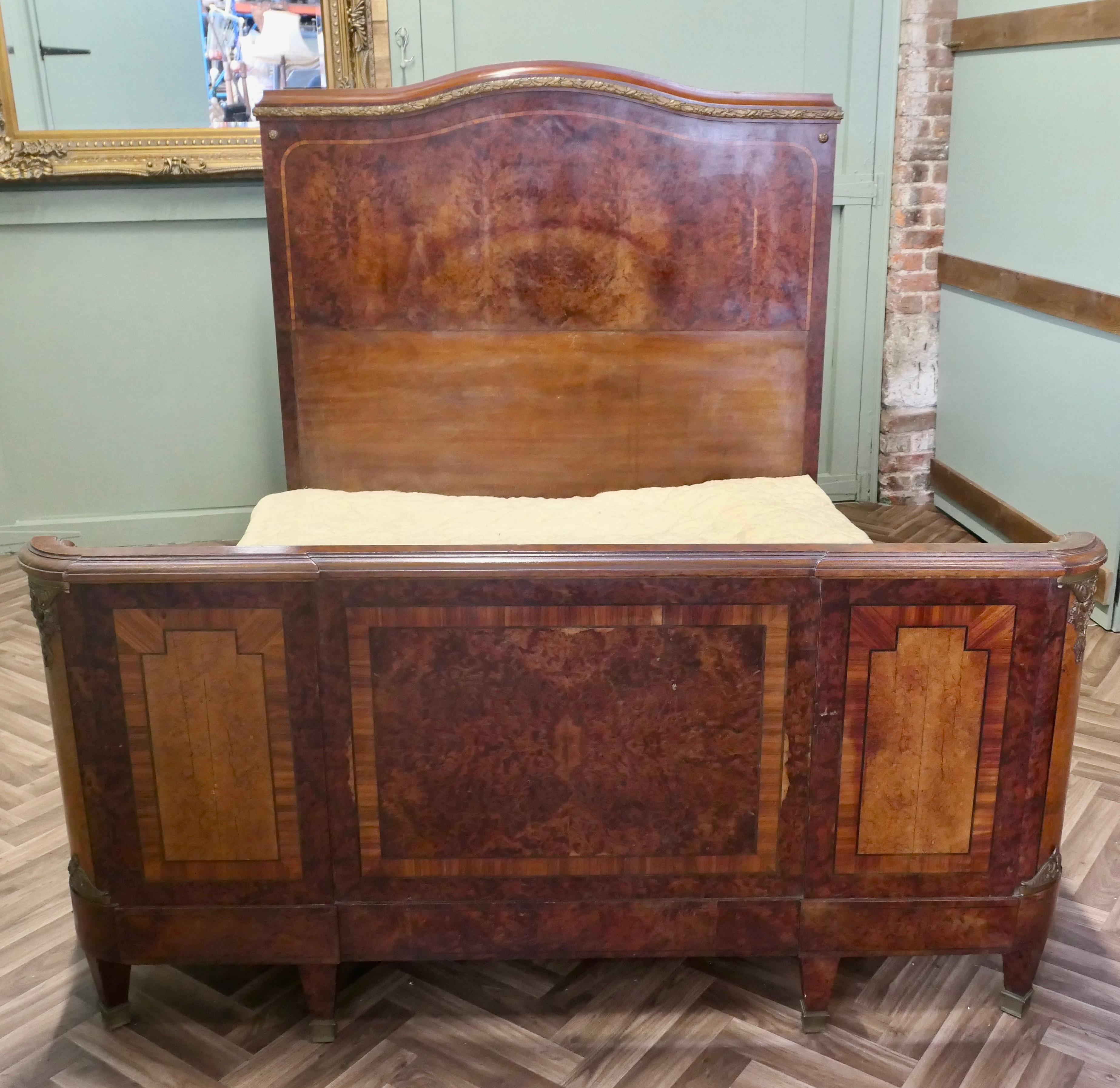 Early 20th Century French Empire Style Art Deco Bur Walnut 5ft Double Bed For Sale