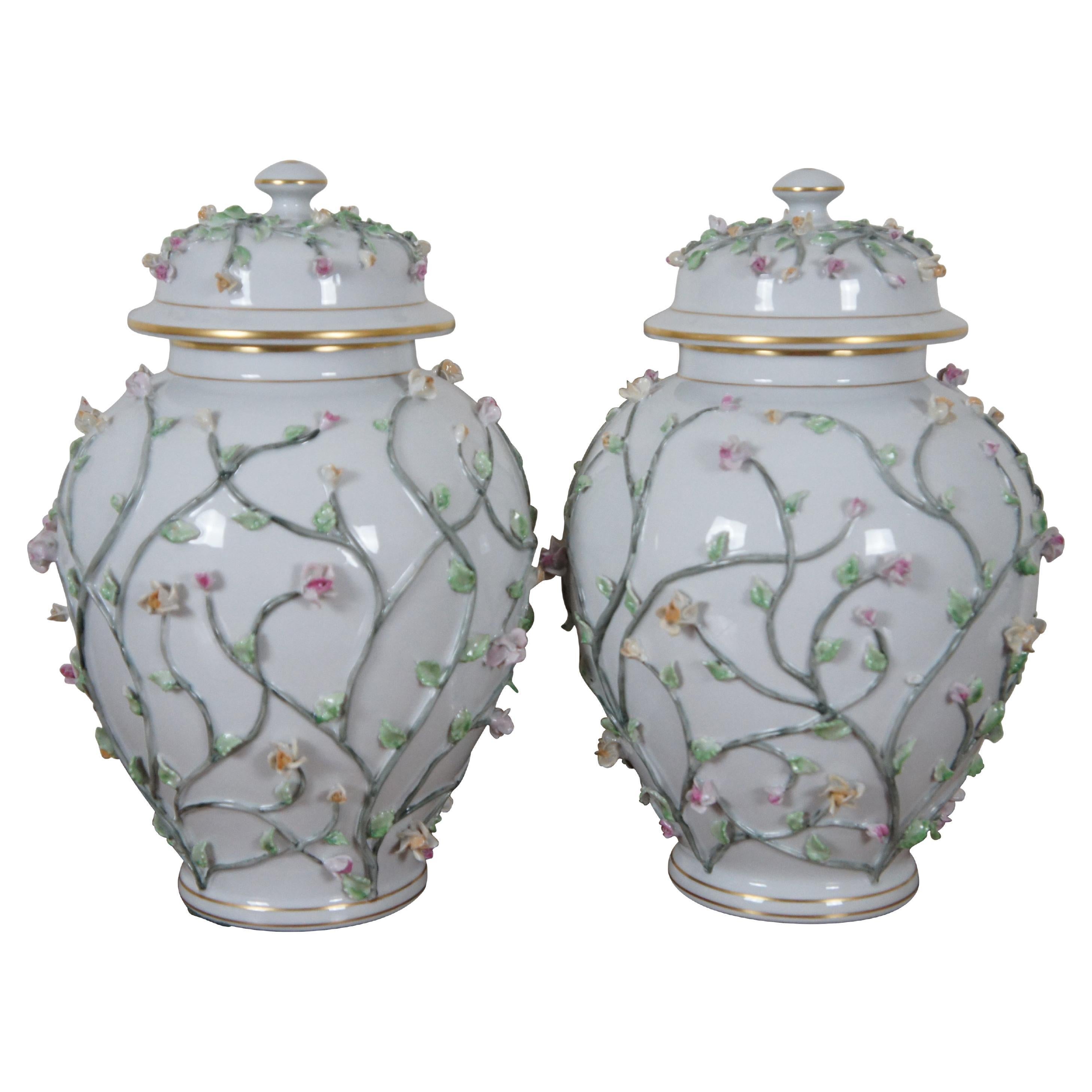 2 Aveiro Portugal High Relief Porcelain Lidded Mantel Vases Urns Jars 12"  For Sale at 1stDibs