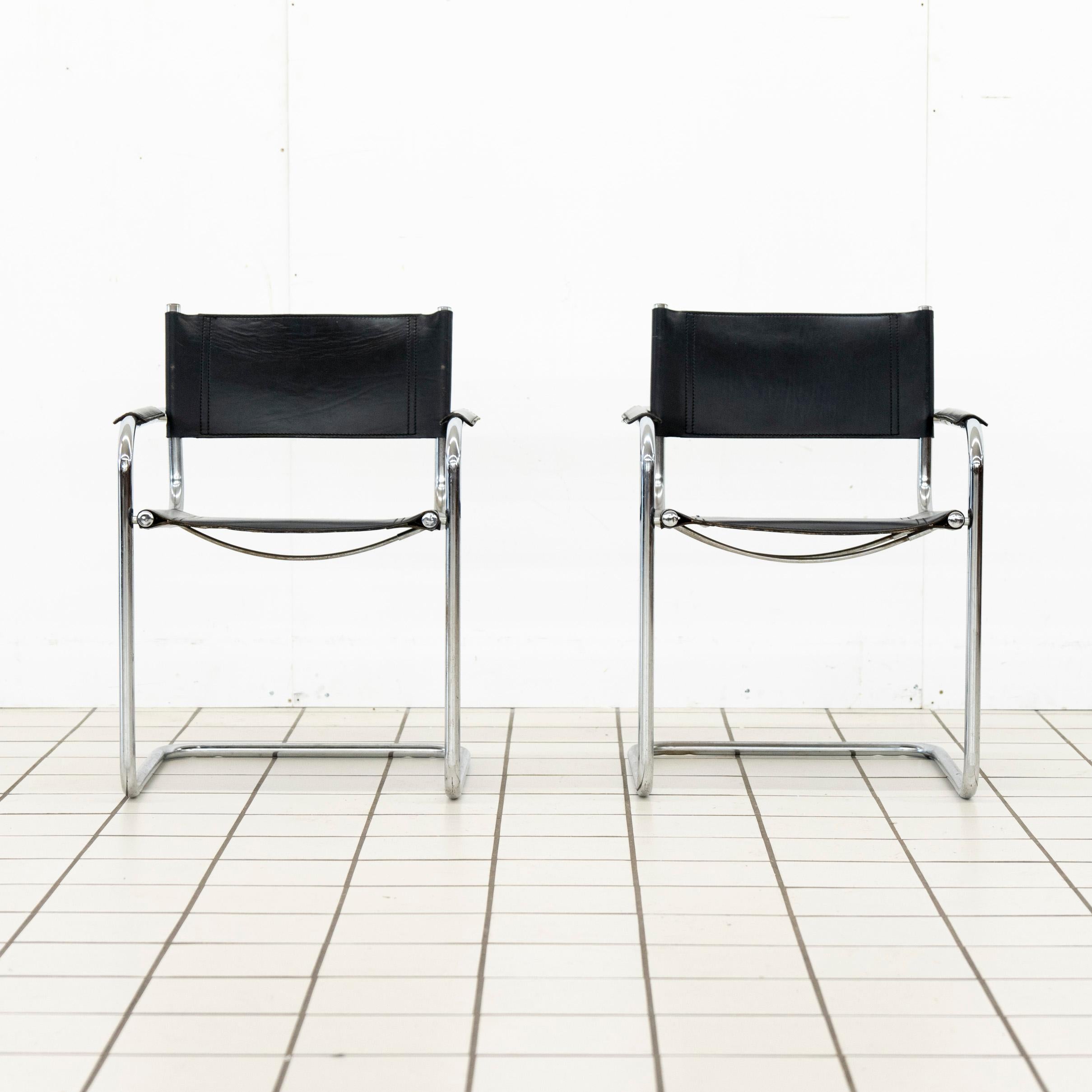 Two beautiful B34 chairs attributed to Mart Stam for sale. The design was created by Mart Stam, one of the most important Dutch architects and designers of the 20th century and is still very popular today. One of the chairs has a spot on the