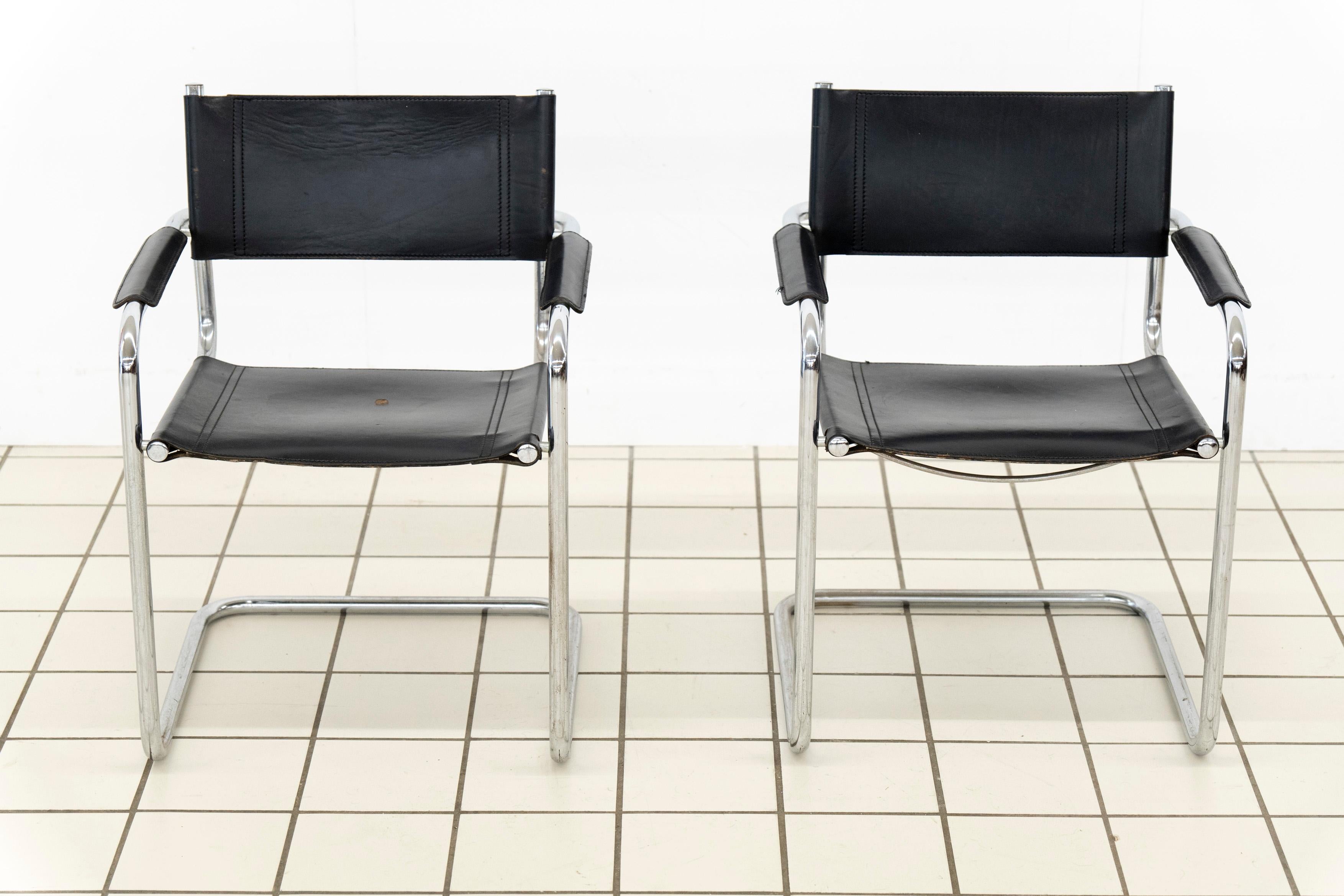 (2) B34 Dining Room Chairs Chrome and Leather by Mart Stam For Sale 1