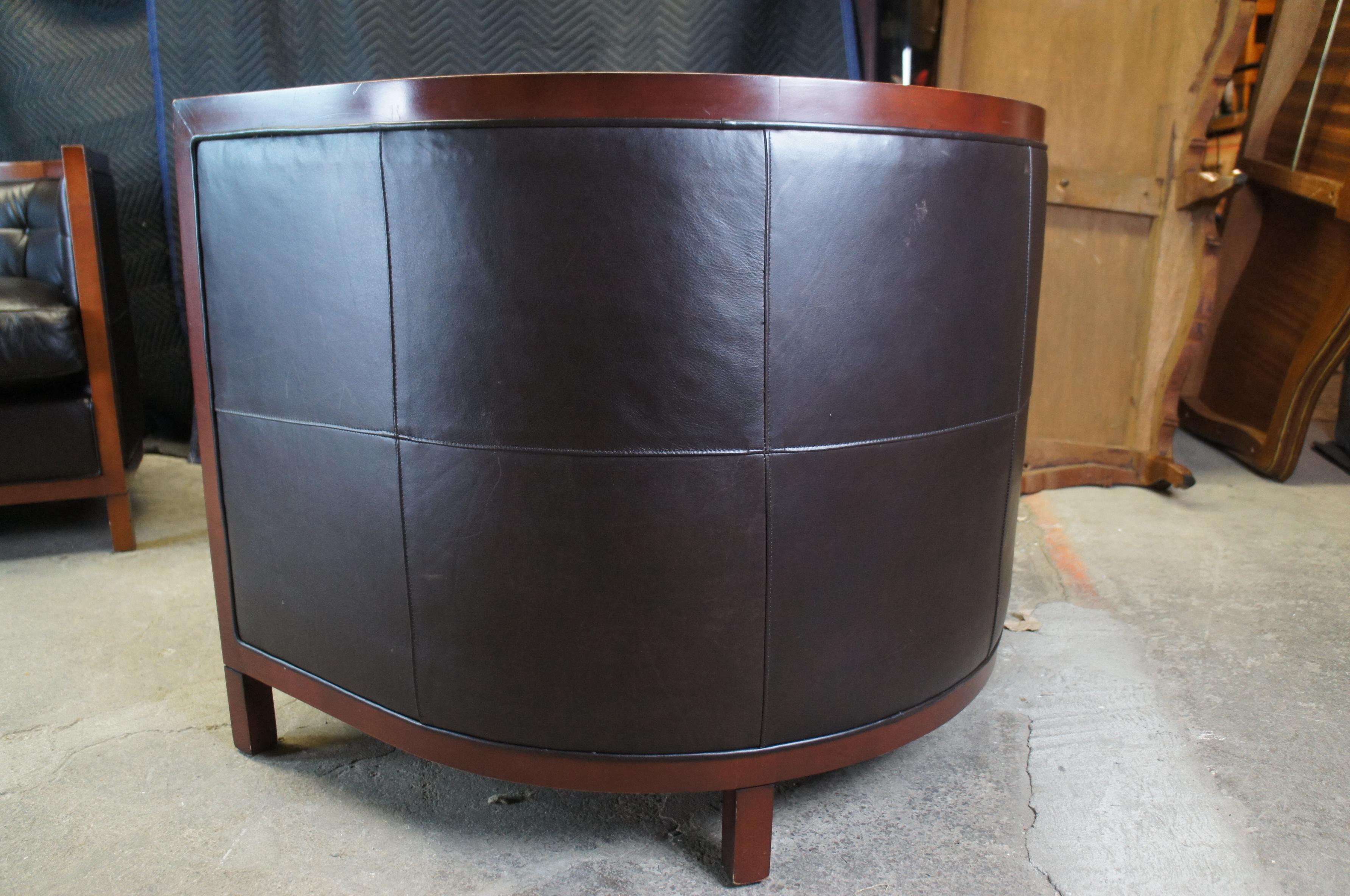2 Baker Archetype Maple & Brown Leather Round Tufted Barrel Back Club Tub Chairs For Sale 5
