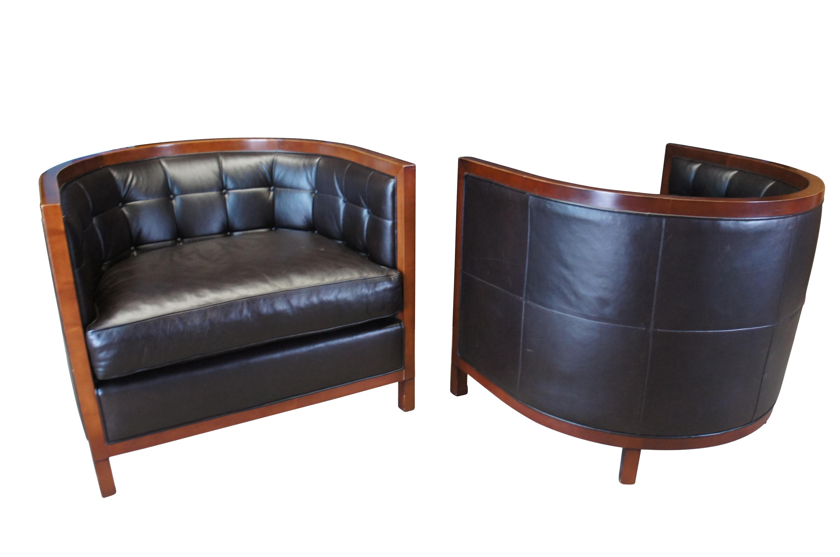 Mid-Century Modern 2 Baker Archetype Maple & Brown Leather Round Tufted Barrel Back Club Tub Chairs For Sale