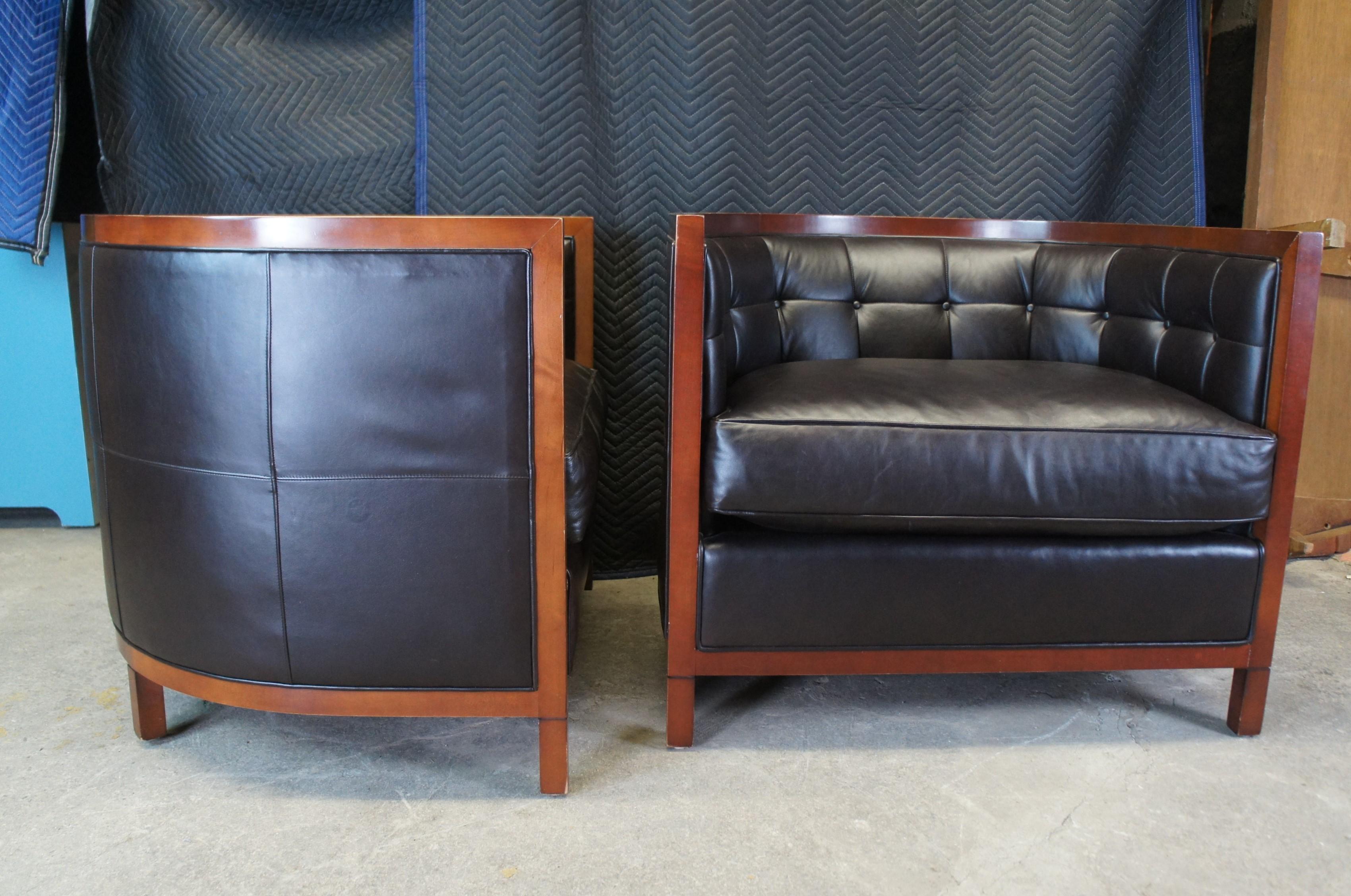 2 Baker Archetype Maple & Brown Leather Round Tufted Barrel Back Club Tub Chairs In Good Condition For Sale In Dayton, OH