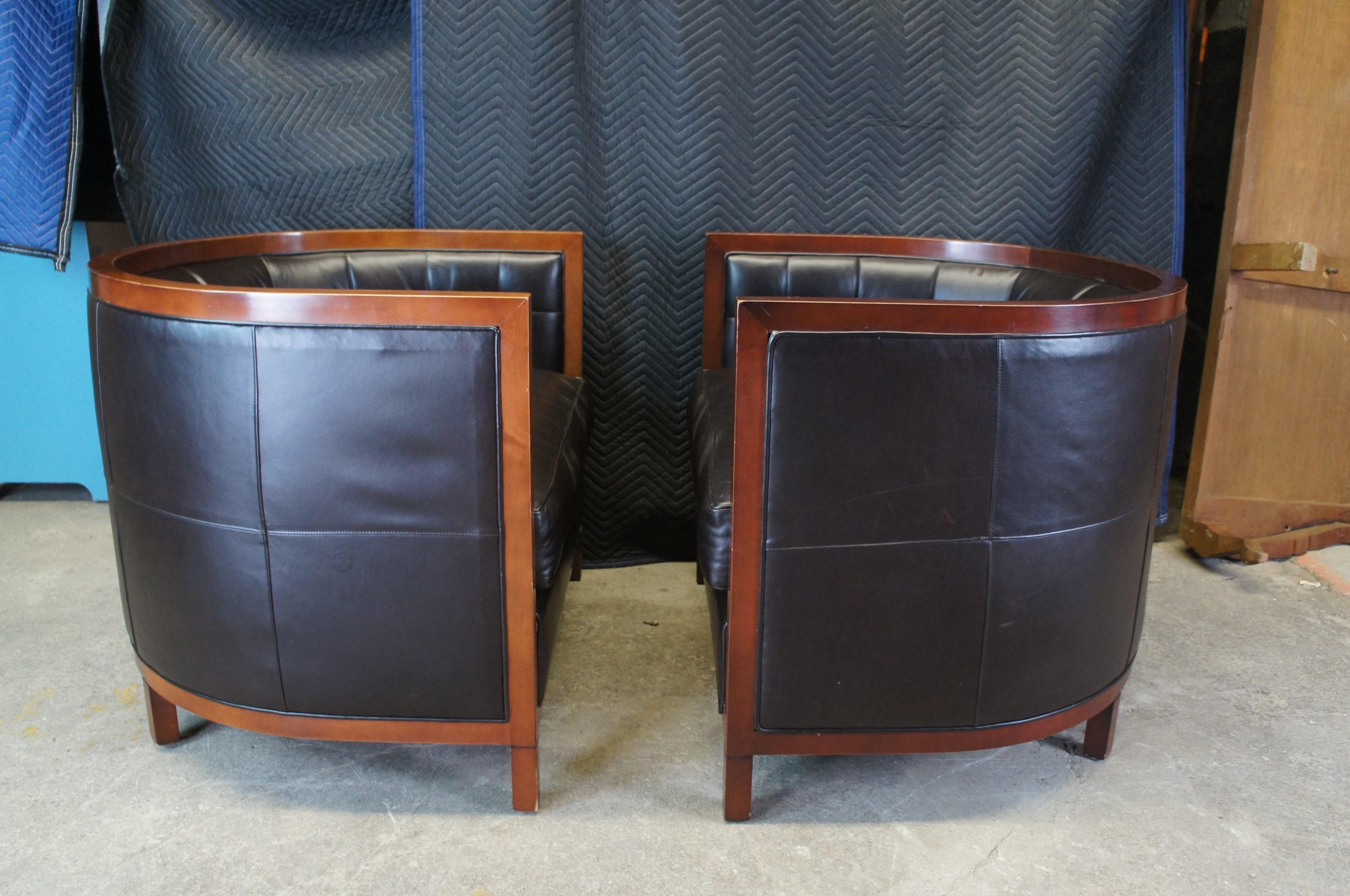 20th Century 2 Baker Archetype Maple & Brown Leather Round Tufted Barrel Back Club Tub Chairs For Sale