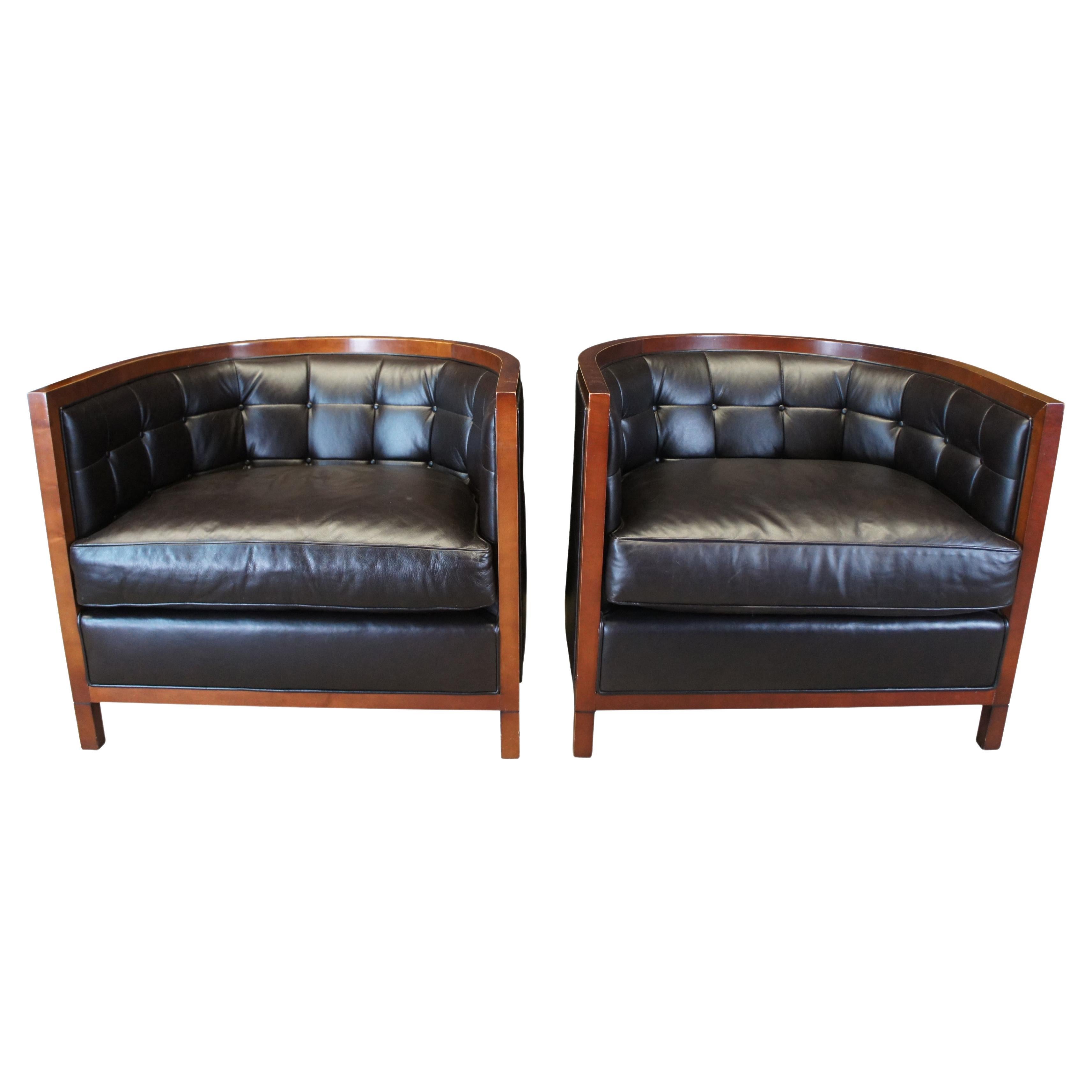 2 Baker Archetype Maple & Brown Leather Round Tufted Barrel Back Club Tub Chairs For Sale