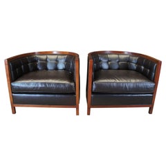 Used 2 Baker Archetype Maple & Brown Leather Round Tufted Barrel Back Club Tub Chairs