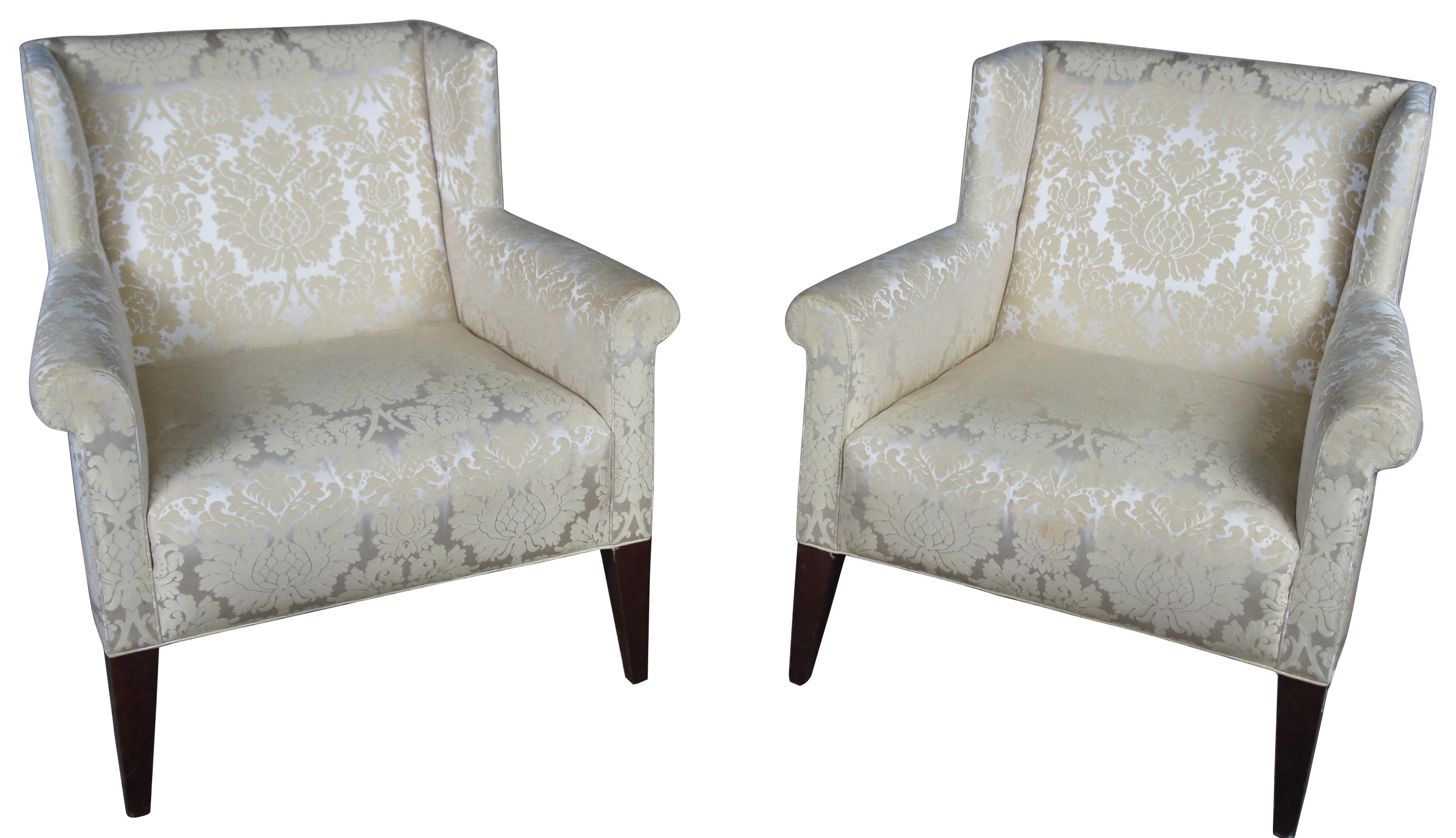 2 Baker Archetype wingback traditional armchairs mahogany Scalamandre fabric

Beautiful pair of Baker Furniture Archetype Collection wingback club arm chairs. Features bright scalamandre floral pattern fabric in champagne color. Rests upon tapered