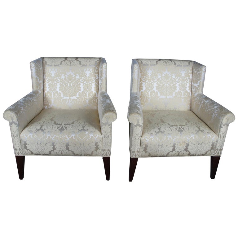 2 Baker Archetype Wingback Traditional Armchairs Mahogany Scalamandre Fabric For Sale At 1stdibs