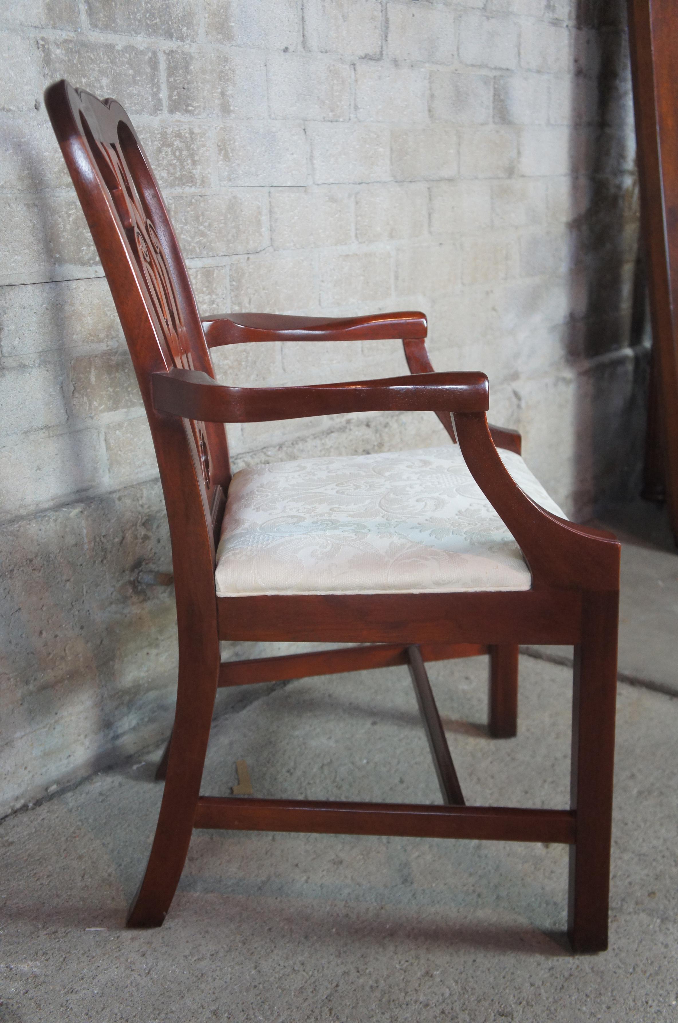 American 2 Baker Chippendale Style Pretzel Back Mahogany Dining Armchairs Damask Seat