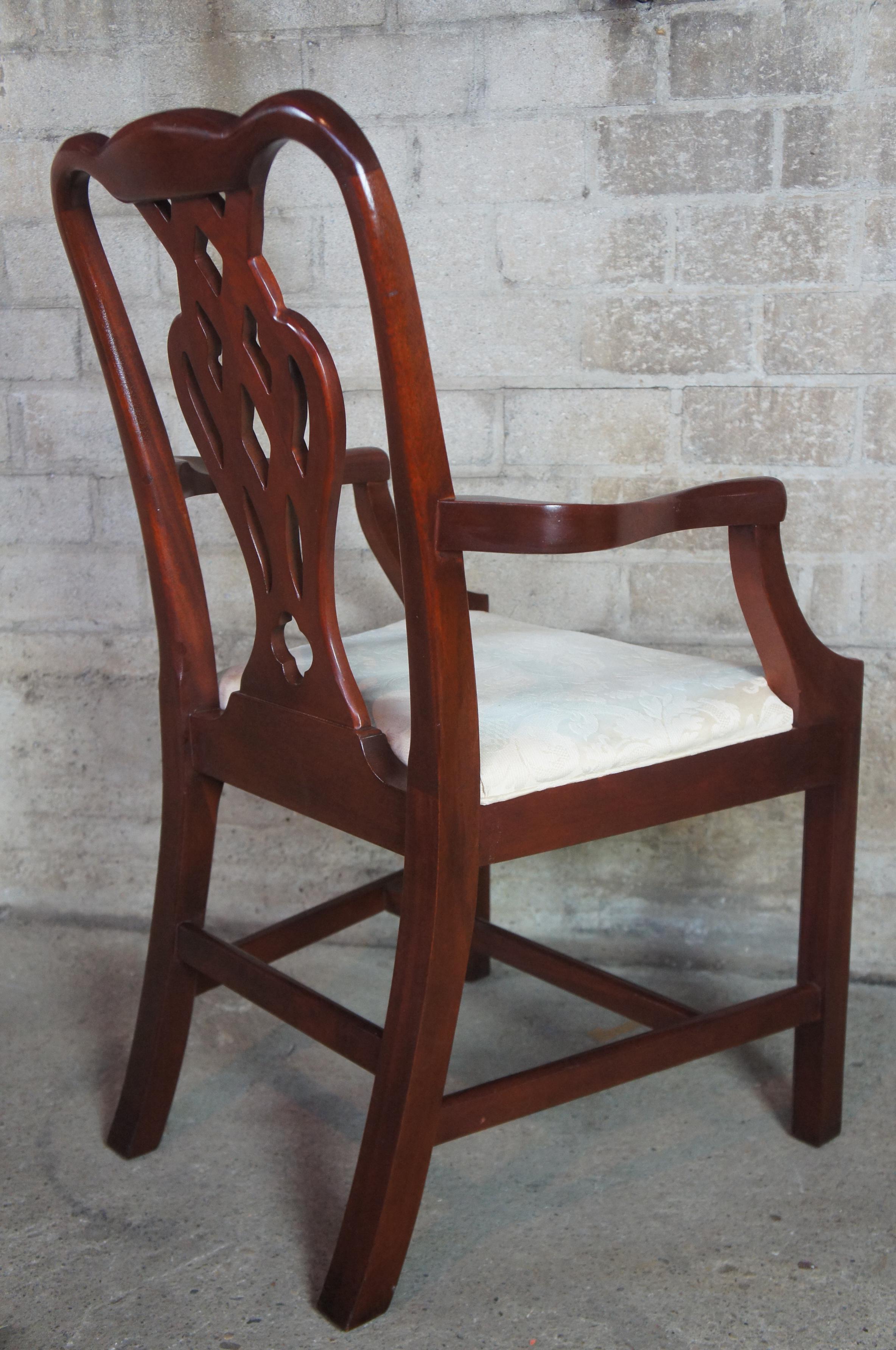 2 Baker Chippendale Style Pretzel Back Mahogany Dining Armchairs Damask Seat In Good Condition In Dayton, OH